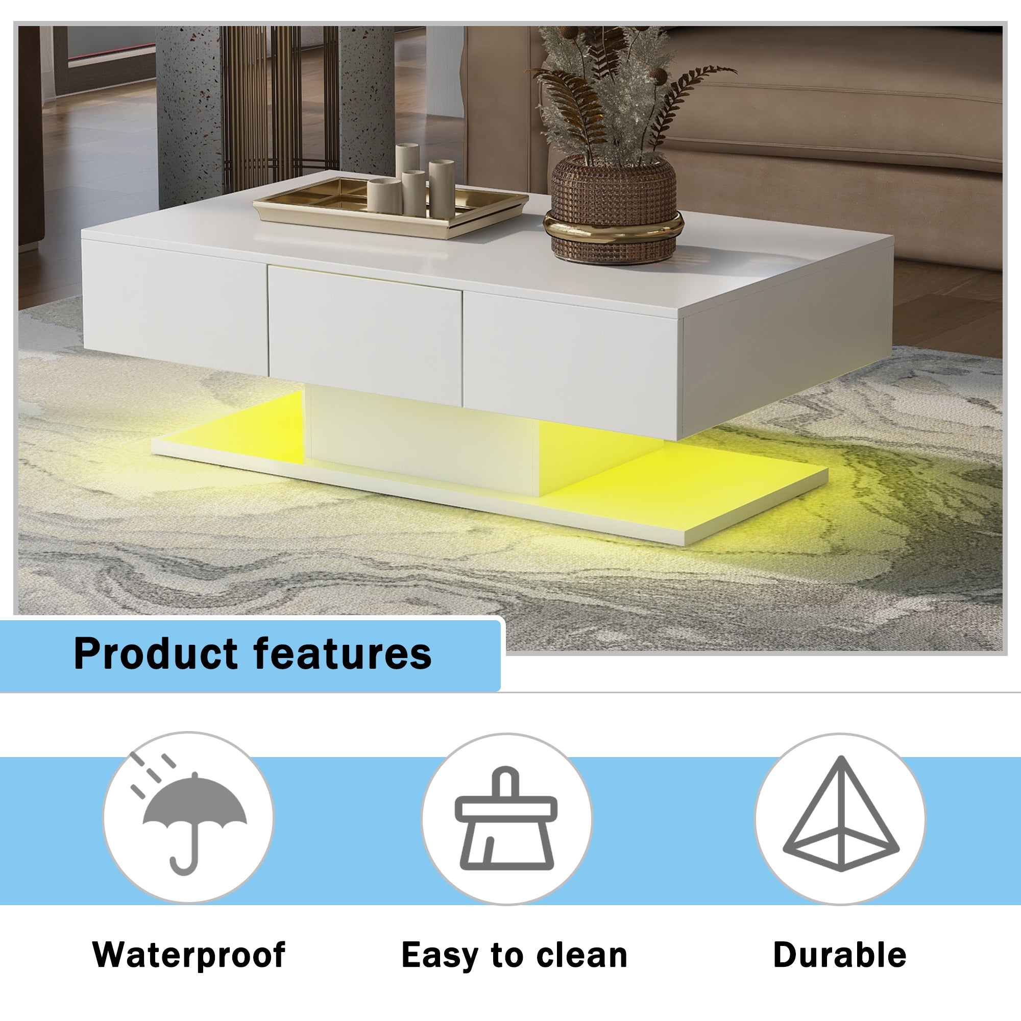 Tea Table, High Gloss Sofa Desk with 2 Drawers, 100cm White