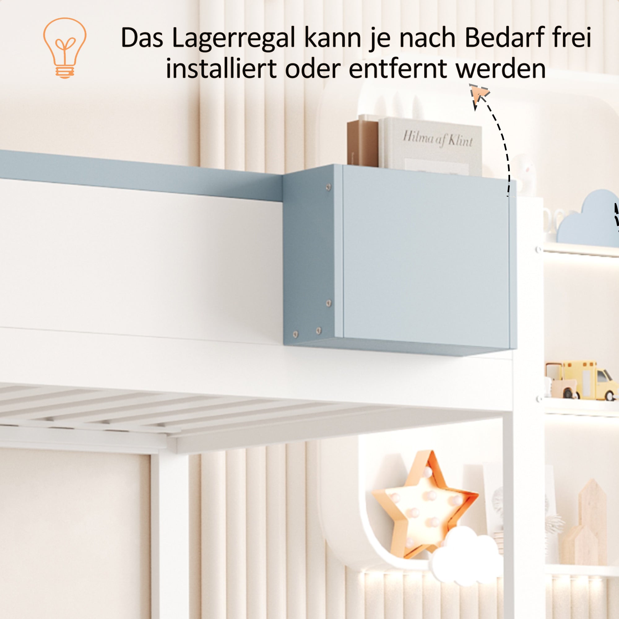Bunk Bed for Children 90x200cm Double Bed Ladder Storage Drawers Rabbit/Carrot Motifs White + Blue