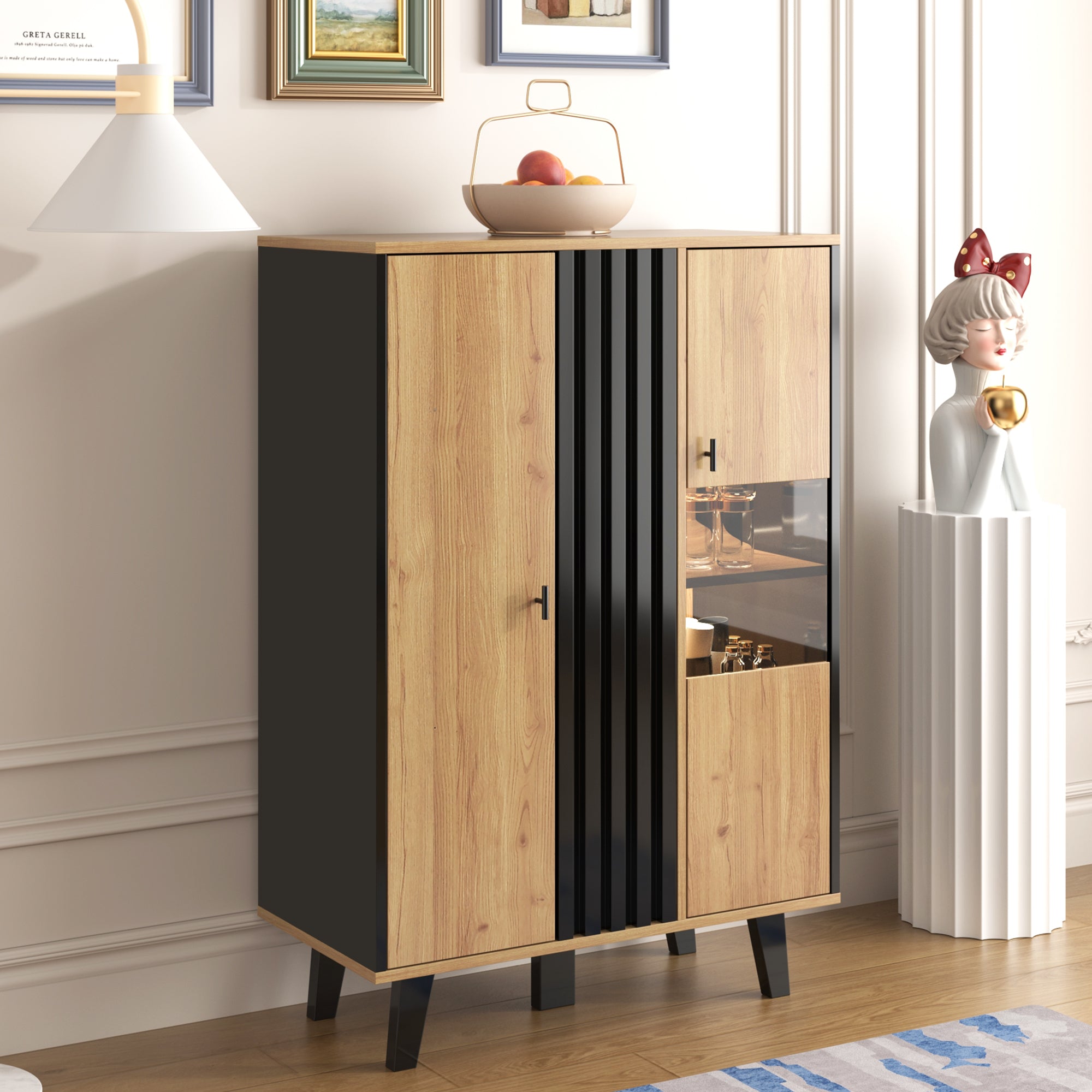 Display Cabinet Sideboard with Glass and LED Lighting, Black and Wood Tones