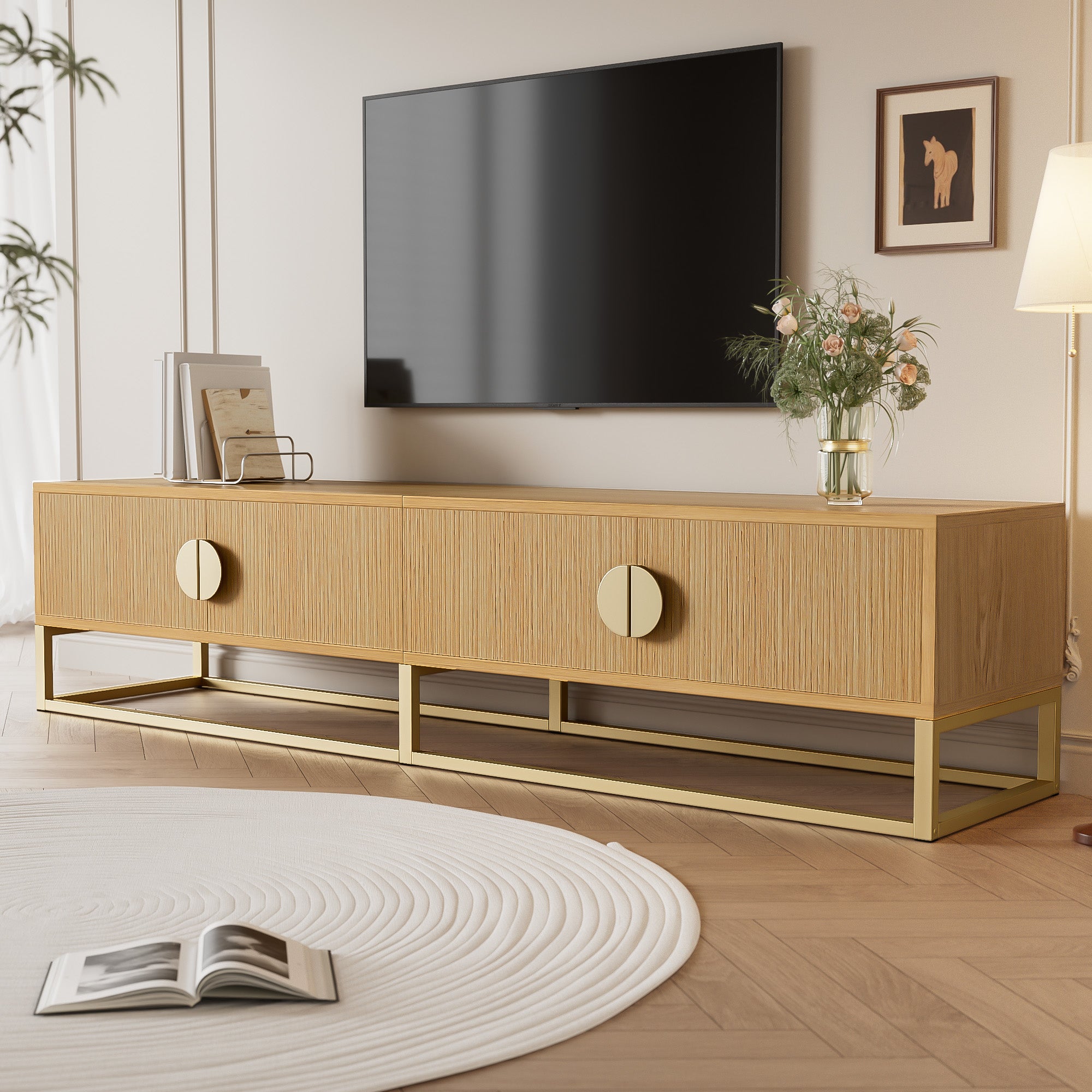 TV Cabinet 180cm 4 Doors Semi-circular Handles Wood Grain Finish