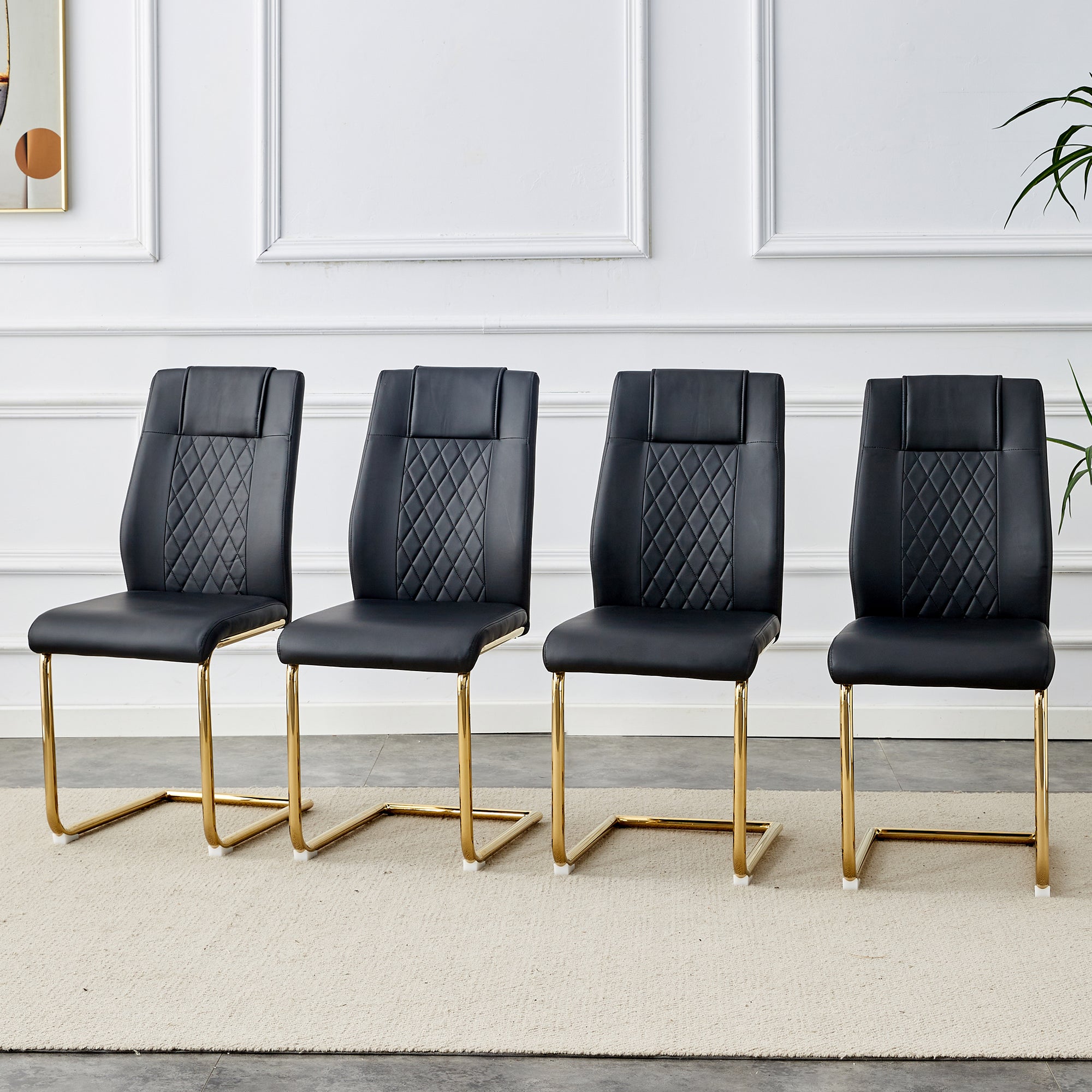 Scandinavian Dining Chairs, Mesh Backrest, Gold Metal Legs, Black PU Leather
