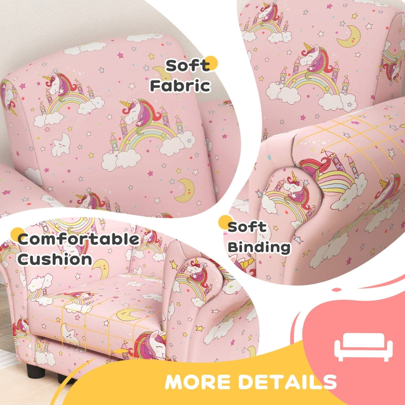 2 Piece Kids Sofa Set Unicorn Design Wooden Frame Pink