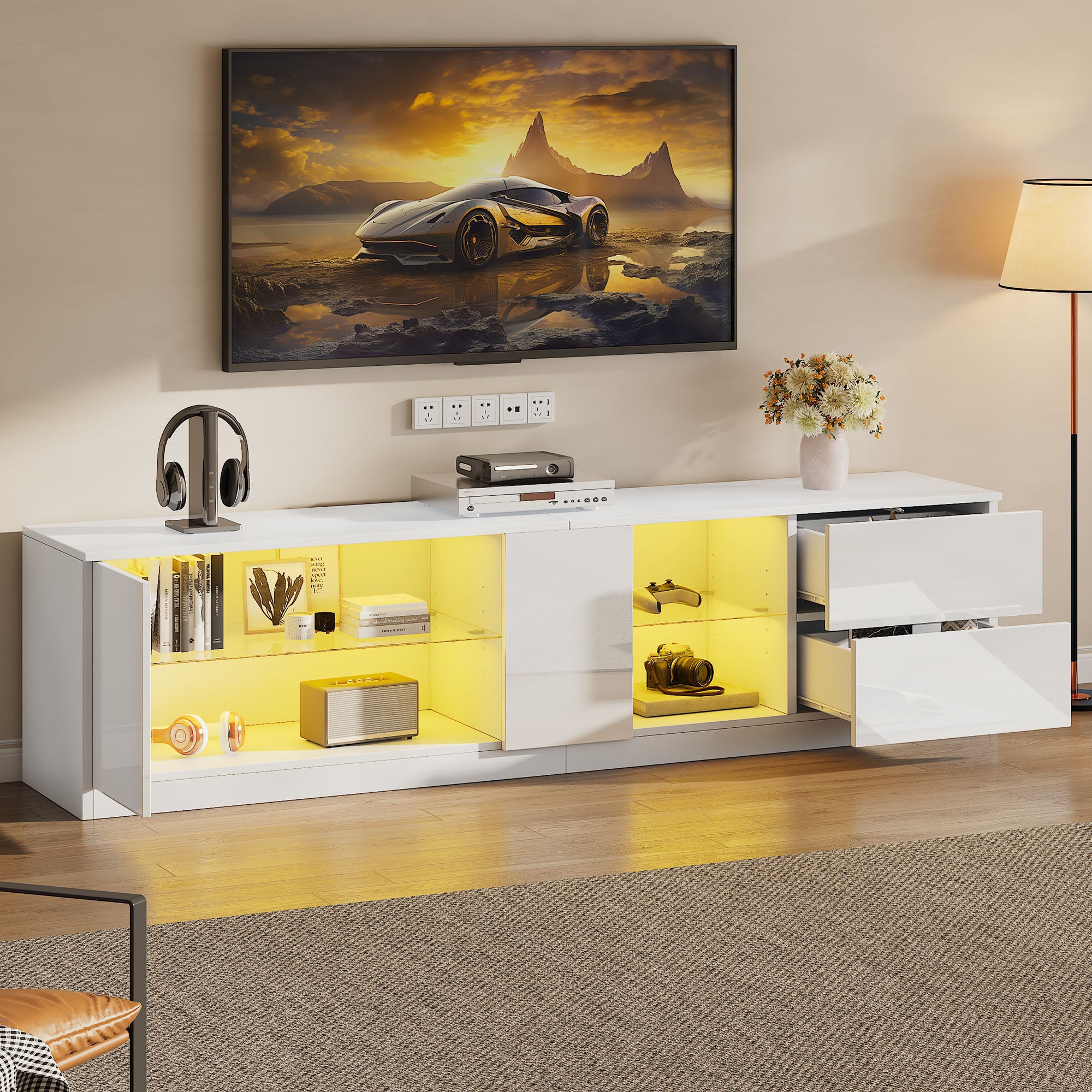 TV Stand 160 x 40 x 52 cm, High-Gloss with LED Lighting, for 65" TVs, Living Room and Bedroom
