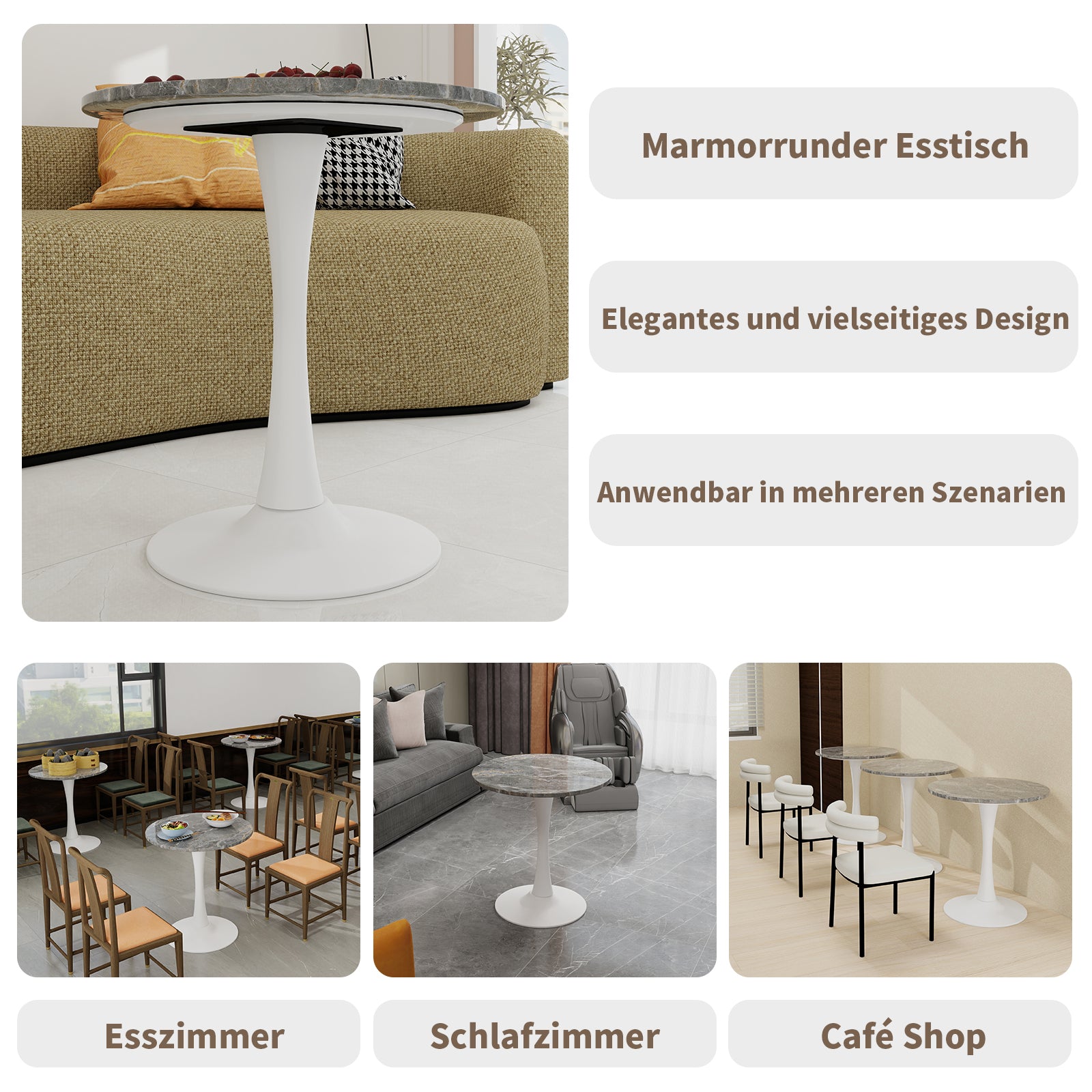 Coffee Table 27.6-inch Round Marble Top Mid-Century Modern - White/Gray Veined Finish