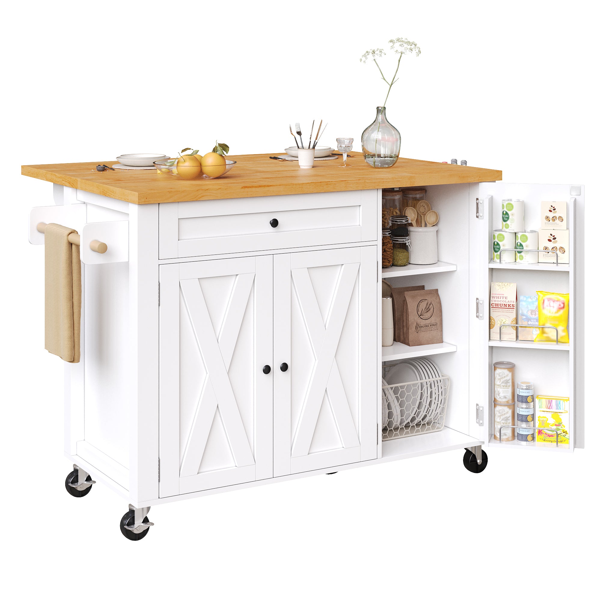 Mobile Kitchen Island with Foldable Table and Storage Drawers, White MDF
