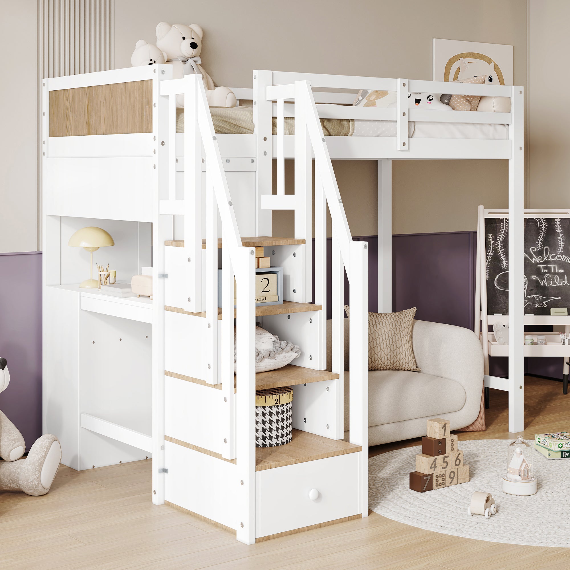 Bunk Bed with Safety Gate, Desk & Storage, Pine+MDF White+Natural