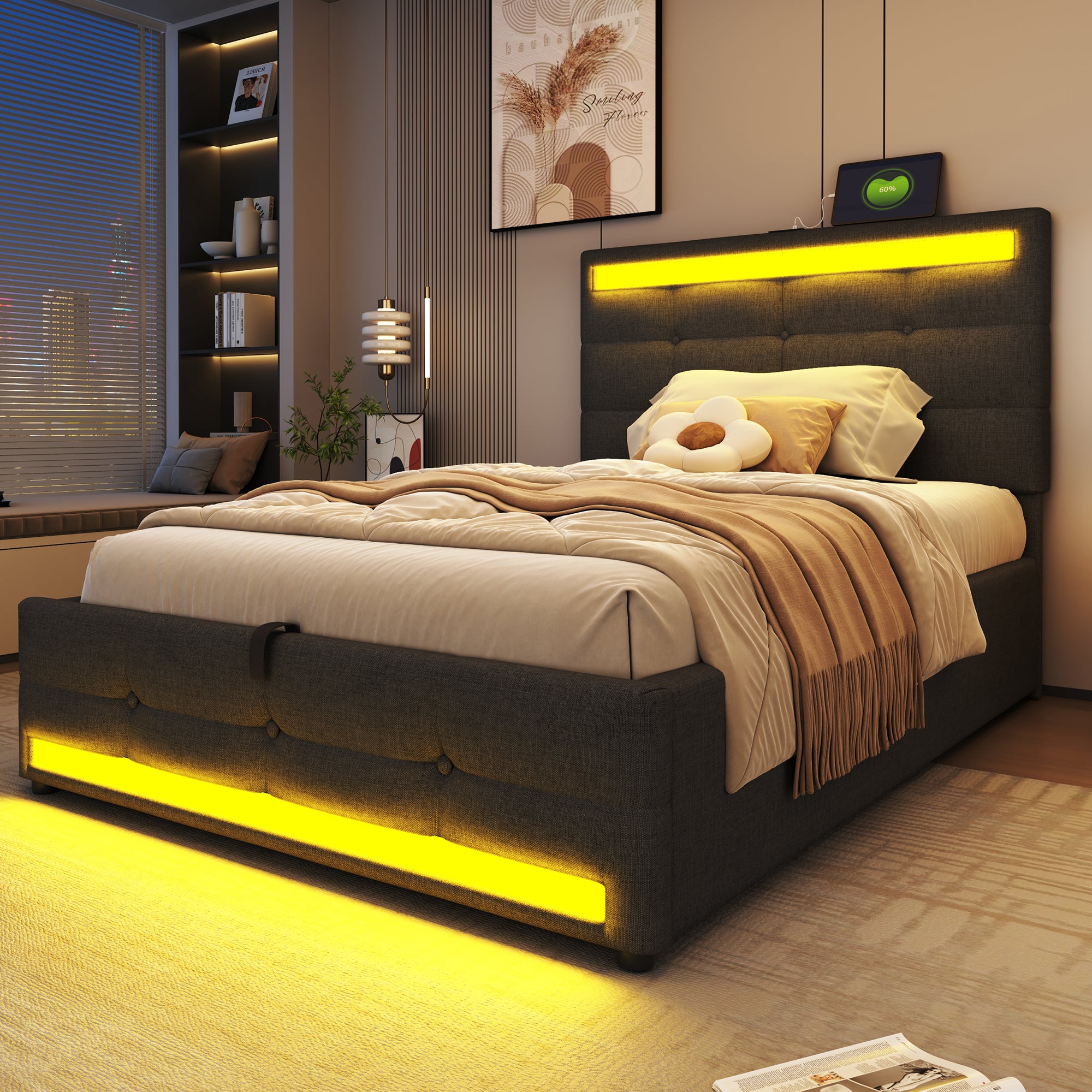 Upholstered Bed 90x200 Hydraulic Storage USB LED Light Strip, Grey Linen Single Bed