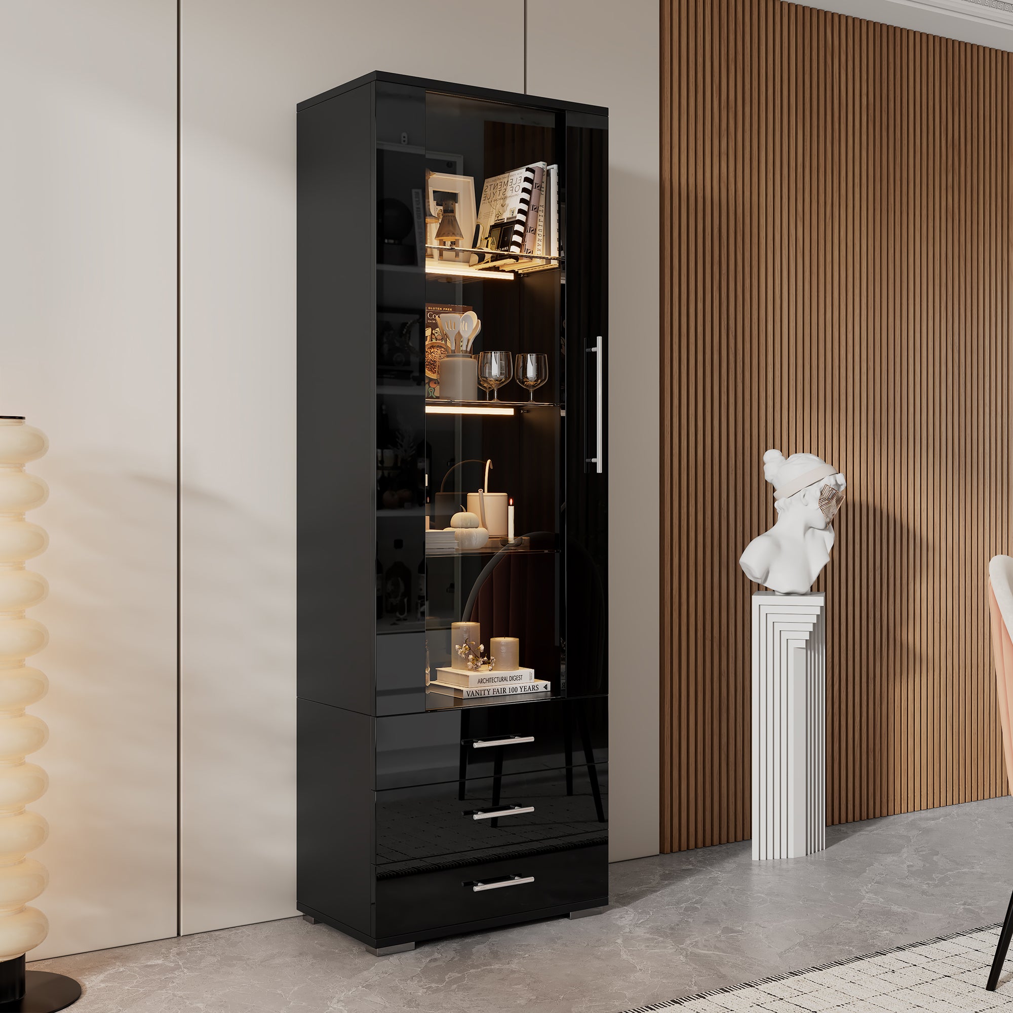 Display Cabinet, Vertical Freestanding LED 3 Drawers 60x35x180cm, Black High-Gloss Glass