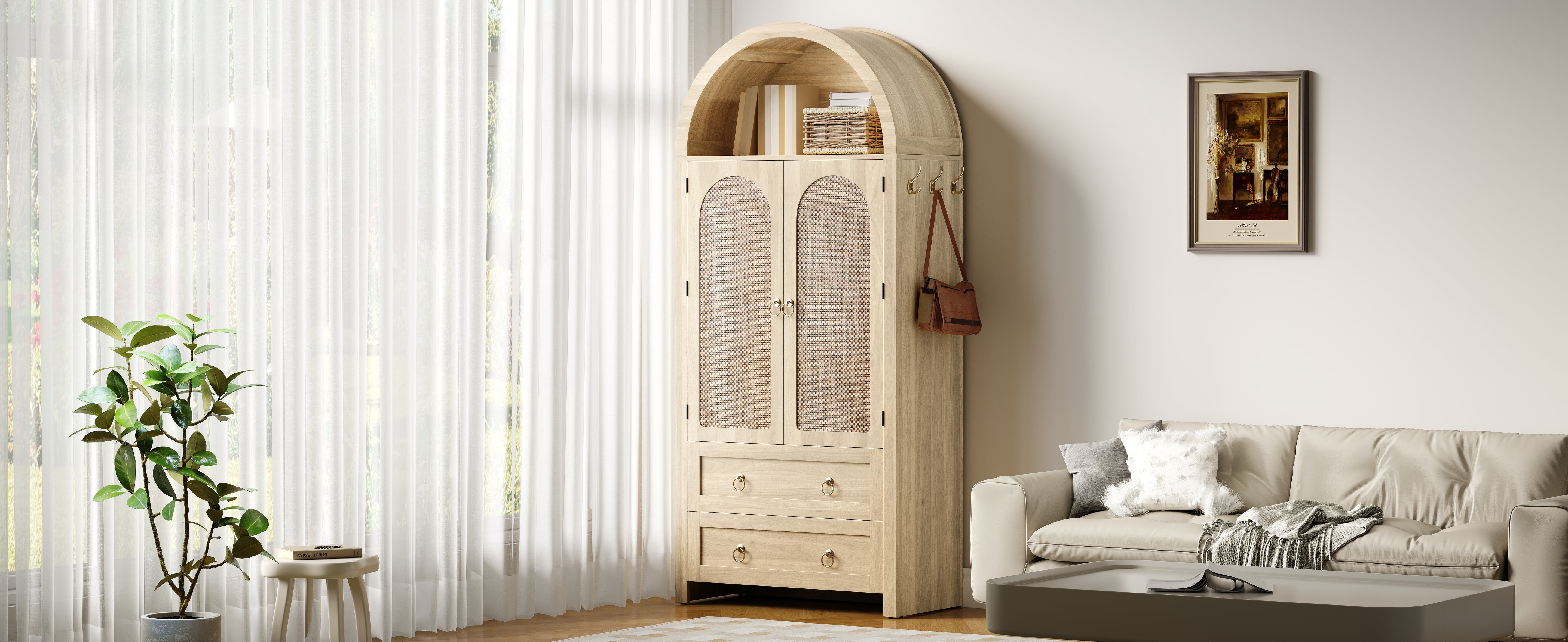 Sideboard Vintage Wickerwork Arch Double Drawer Storage Cabinet