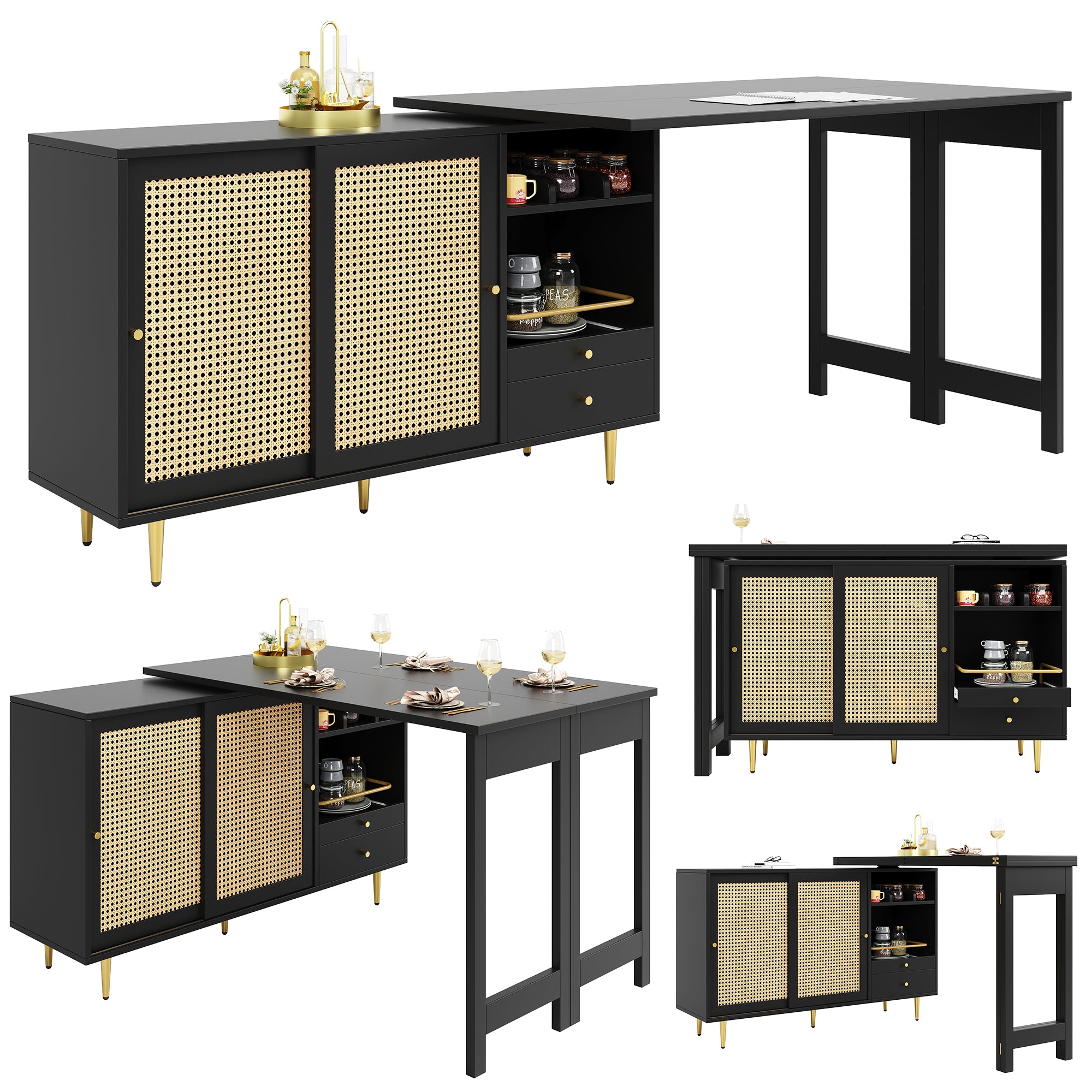 360° Rotating Bar Table Extendable Rattan Storage Cabinet Black