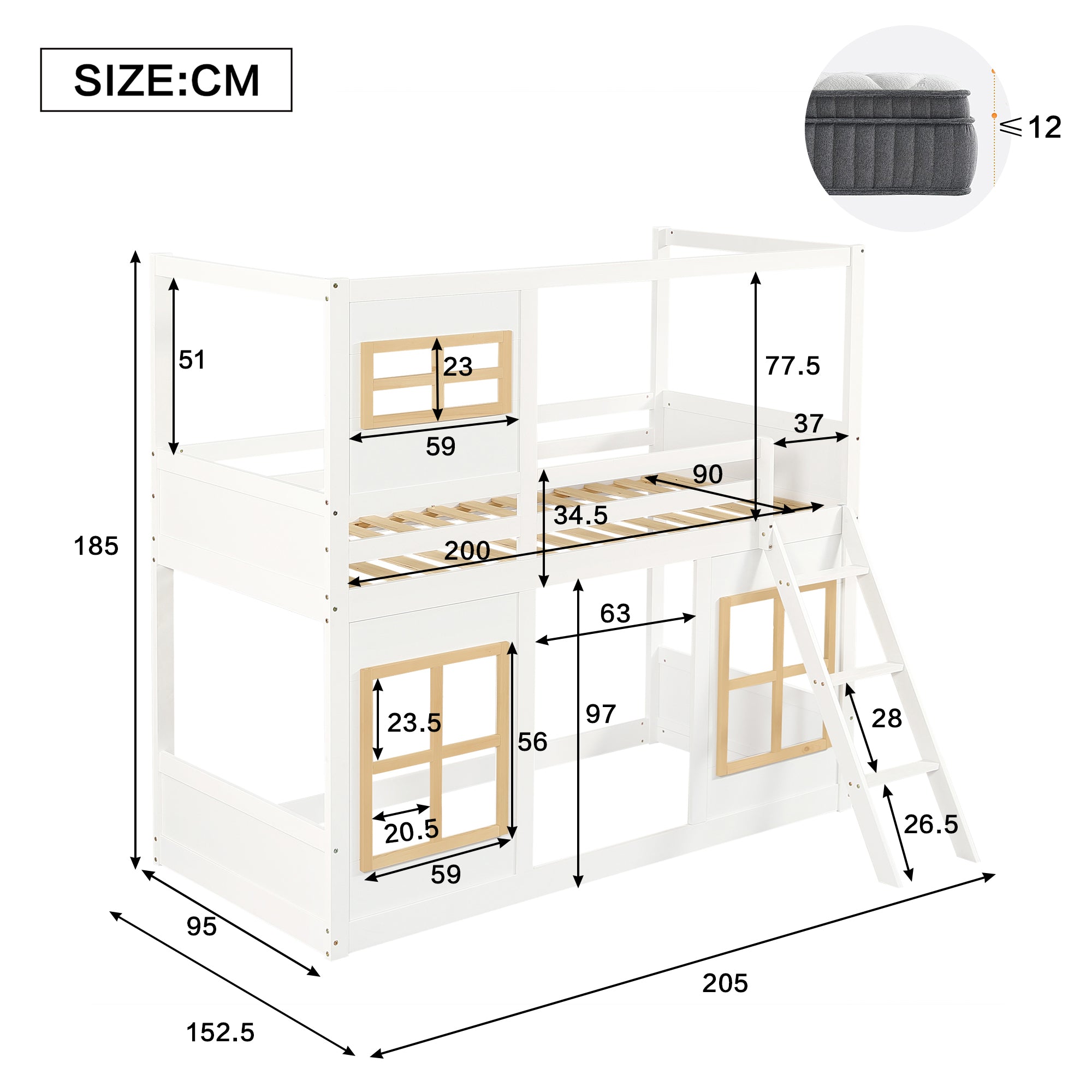 Bunk Bed, Kids with Windows, Ladder & Fencing, Pine + MDF + Plywood