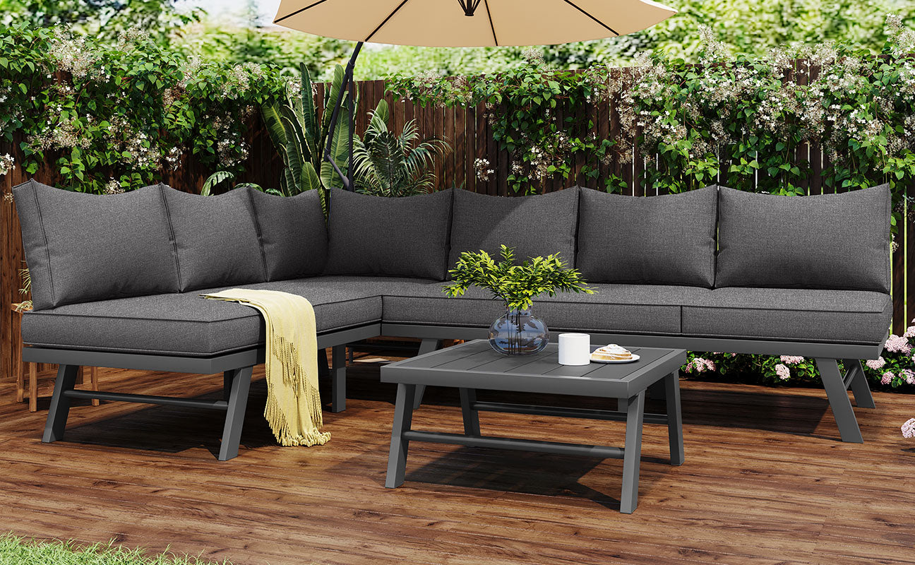 Garden furniture set lounge chair set 5-6 people 2 3-seater sofas 1 table with 7 gray cushions dark gray galvanized iron