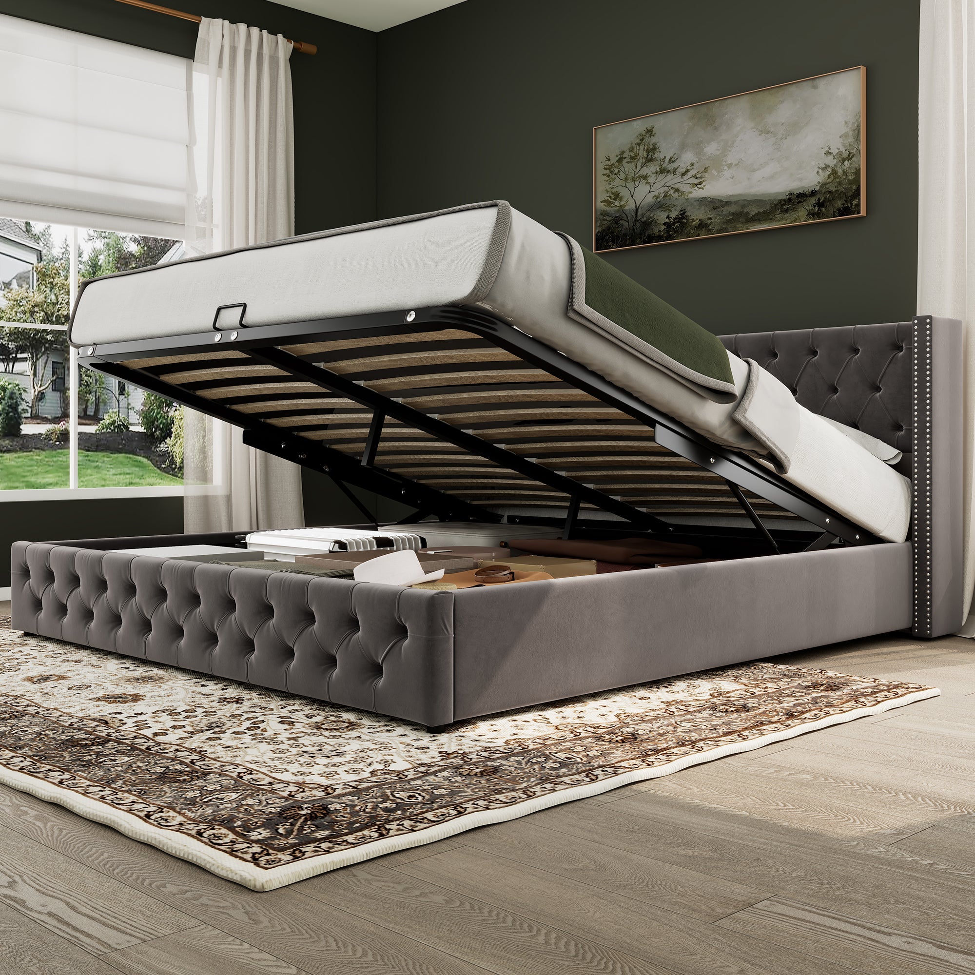 Upholstered Bed, Hydraulic Lift, Storage, 150x200 cm, Grey Velvet