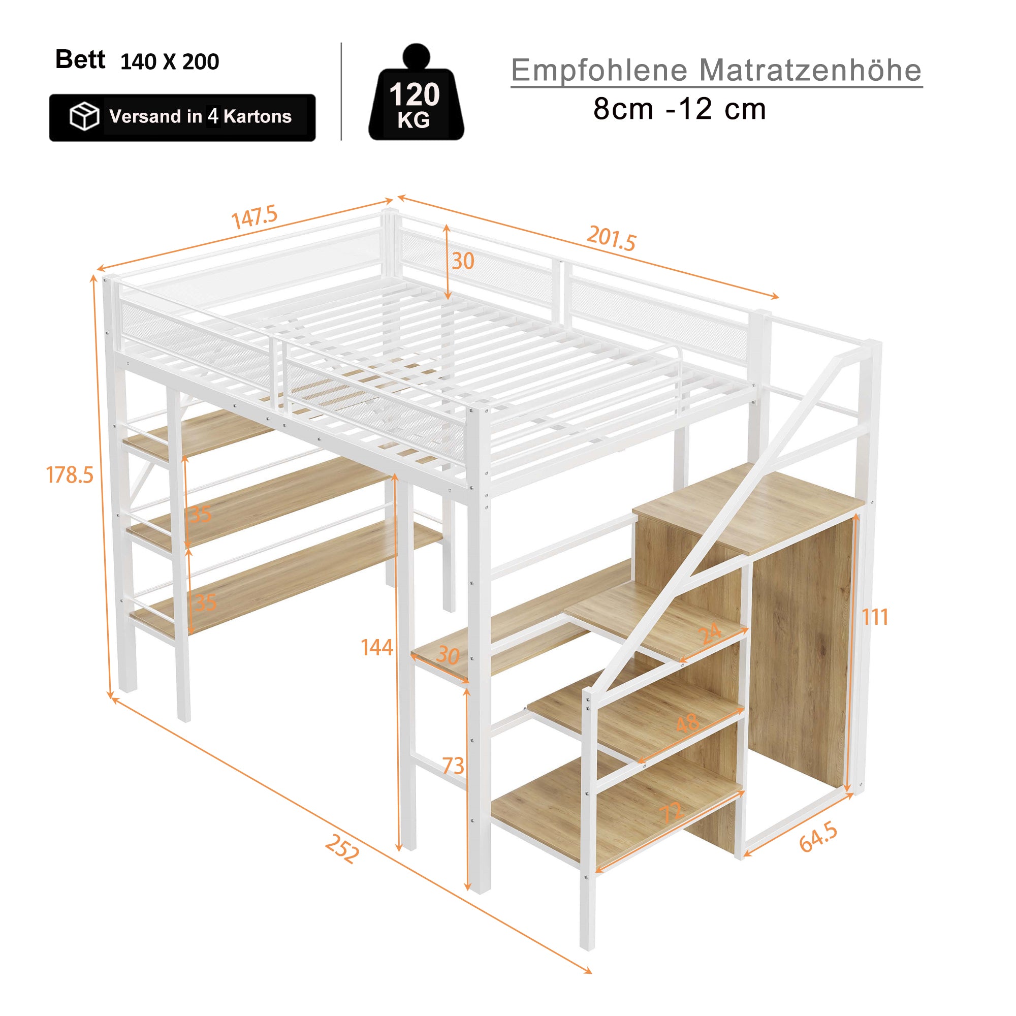 Loft Bed, 140x200cm with Storage Shelf, Desk, Wardrobe, Safety Steps, Iron, White