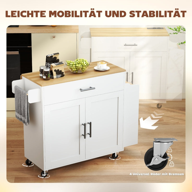 Kitchen Island Mobile Folding Worktop Drawer Shelf - White