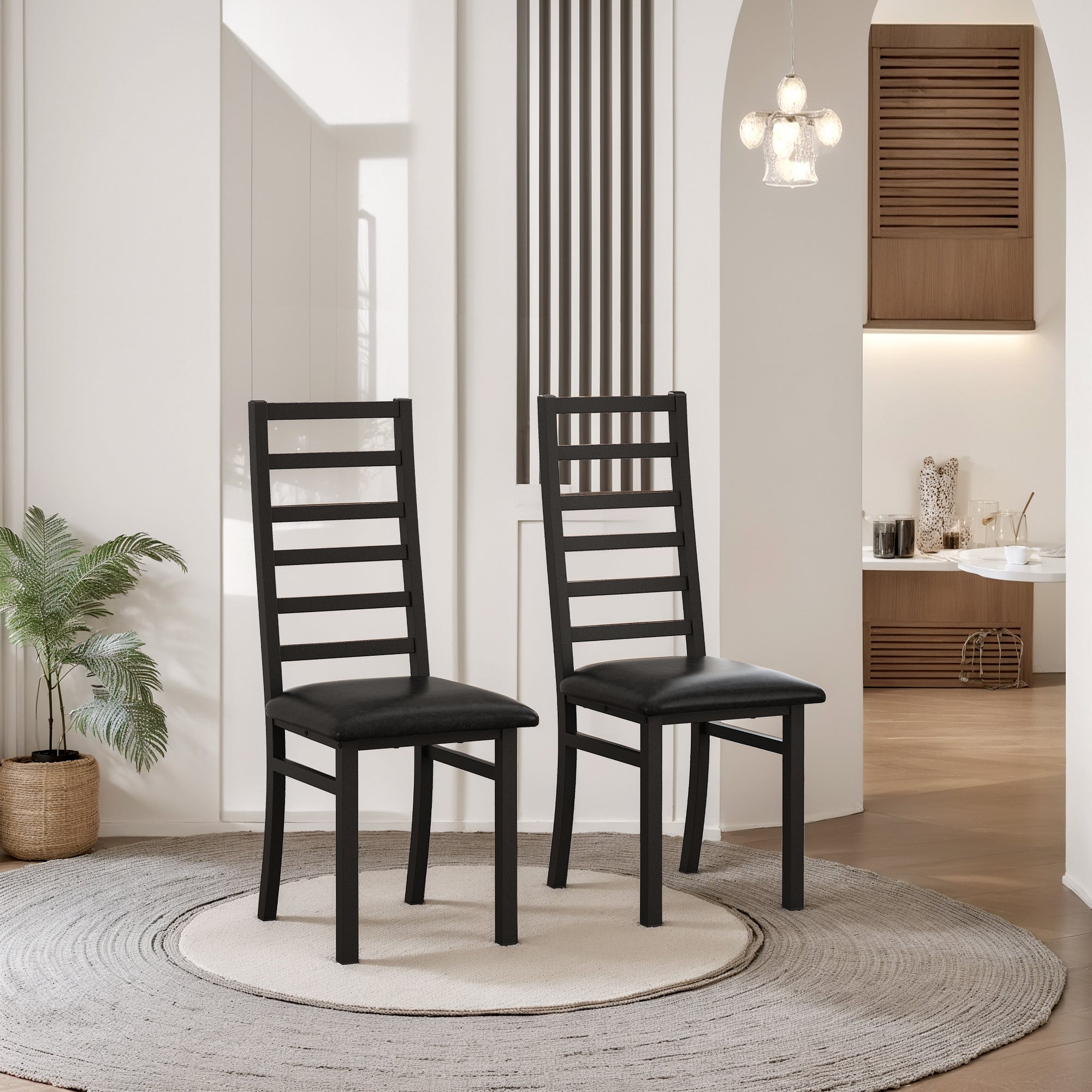 Metal Dining Chairs (2 pcs), High Back Armless, Steel Legs, PU Leather, Black