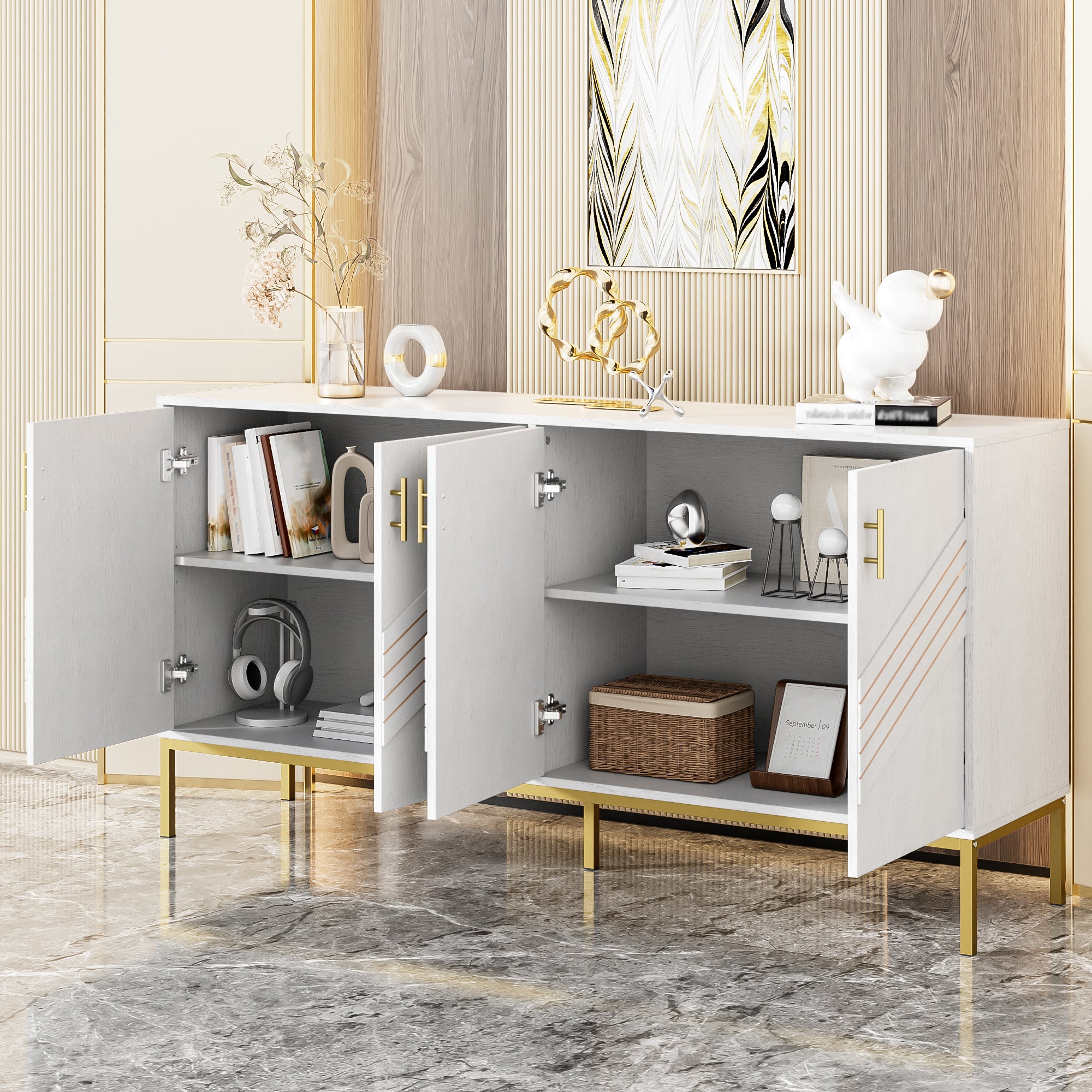 Sideboard, 4 Doors, Large Capacity, Height-Adjustable, White & Gold MDF
