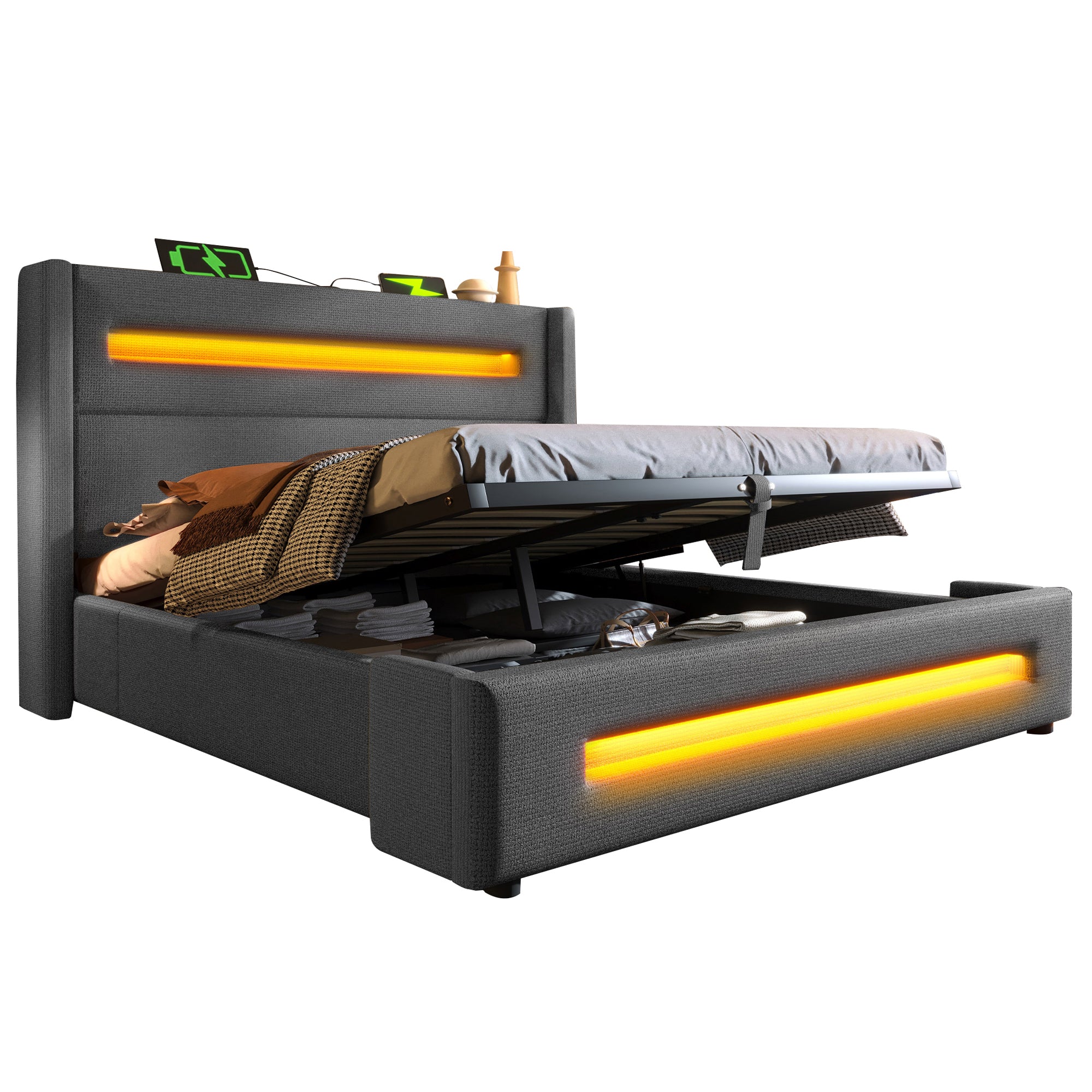 Upholstered Double Bed, 160x200cm, LED & Hydraulic Storage, Gray Linen