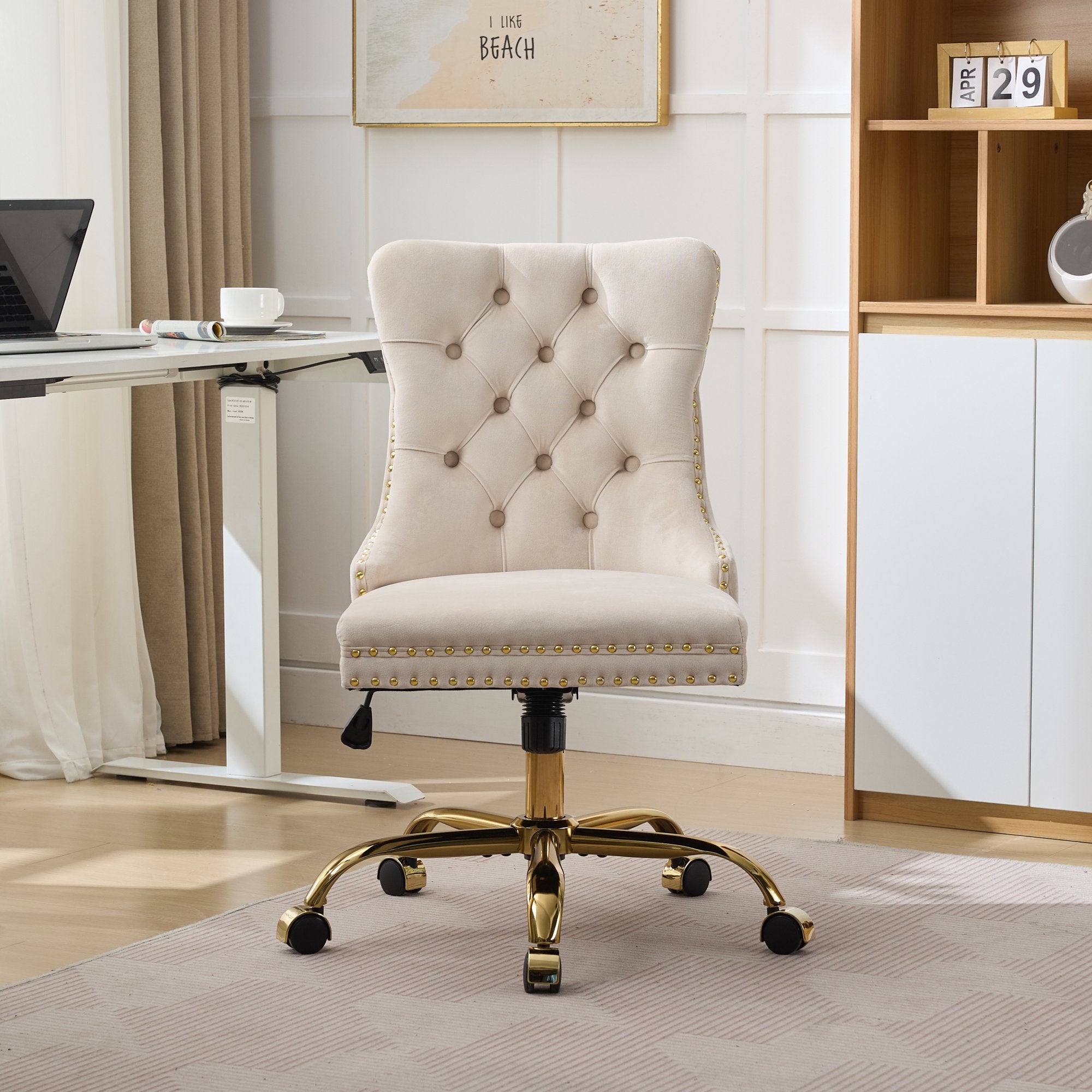 Home Office Chair Tufted Adjustable Swivel Golden Base - Beige Velvet
