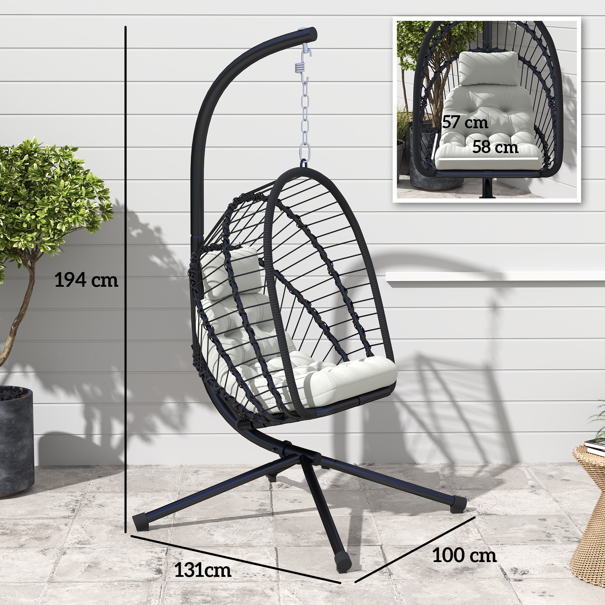 Outdoor PE Rattan Swing Chair Hanging Egg Chair with Foldable Basket, Cushion and Metal Stand, Black