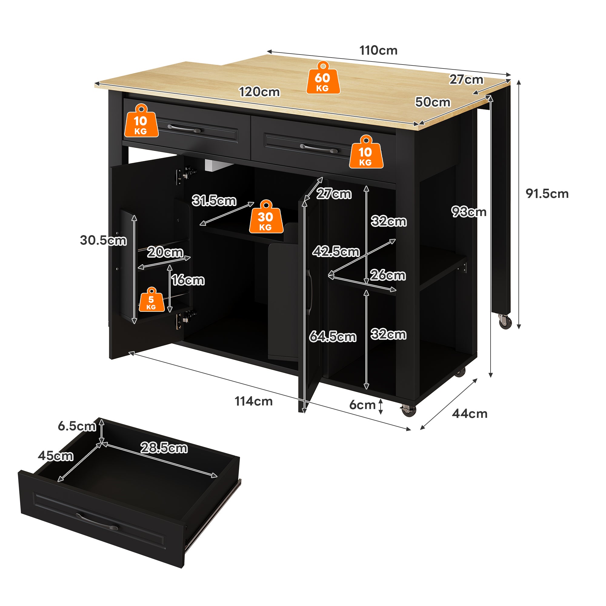 Mobile Kitchen Island with Extendable Bar Counter and Power Outlets, Wood Look