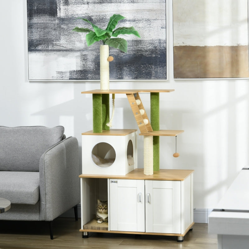 2-in-1 Hidden Cat Litter Box, with House, Ladder, Scratching Posts, Platforms, Oak