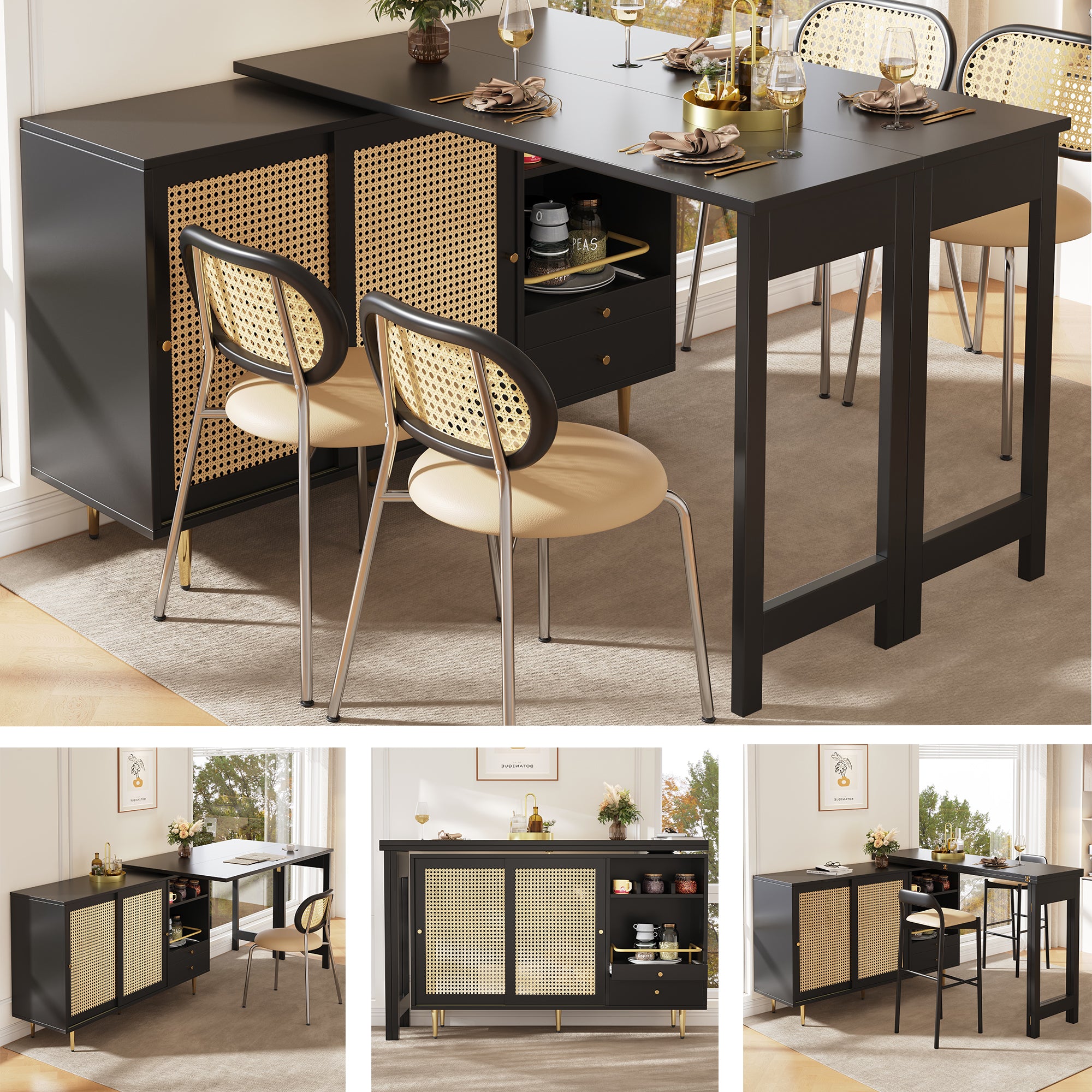 360° Rotating Bar Table Extendable Rattan Storage Cabinet Black