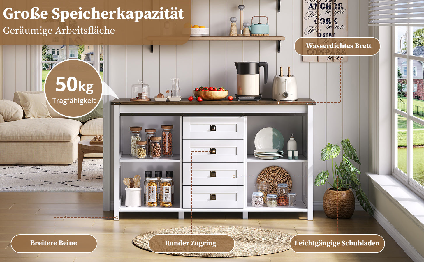 Sideboard 137cm Sliding Doors 4 Drawers Vintage Storage - White