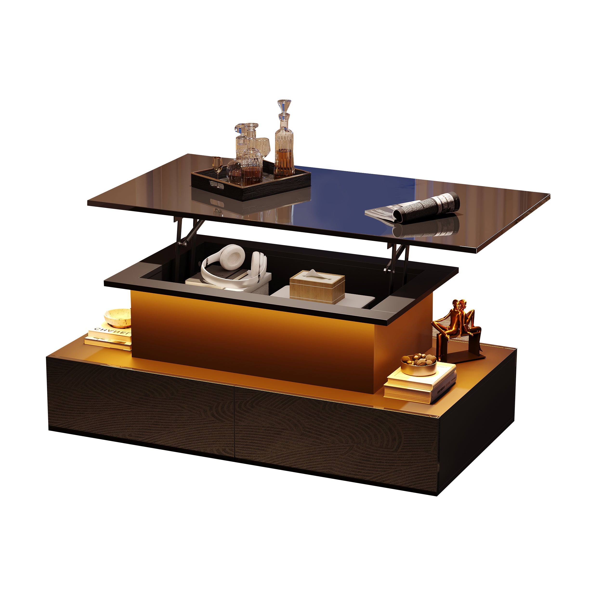 Coffee Table, LED Lit with 4 Drawers, Black High-Gloss