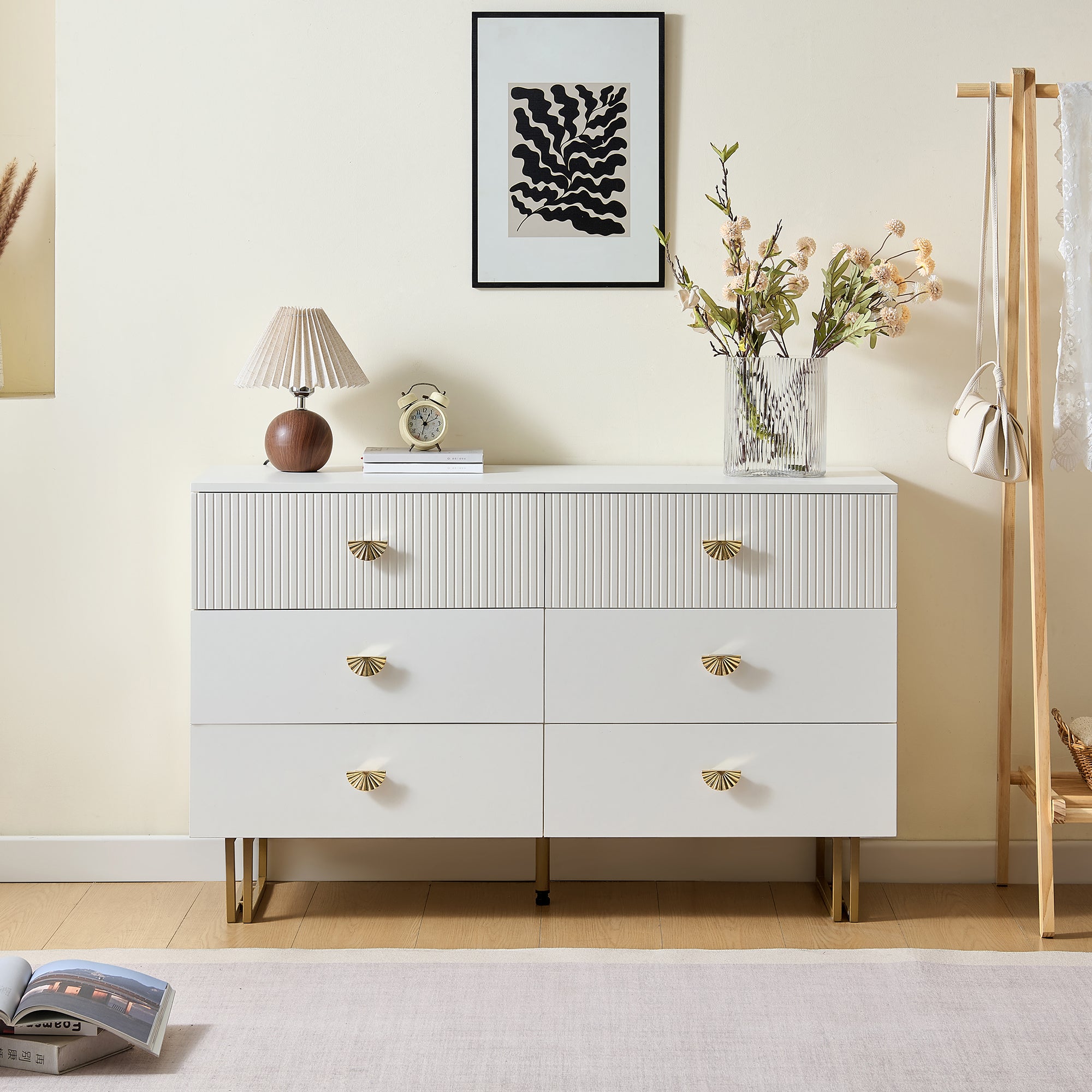Sideboard, 6-Drawer Elegant Design, White and Gold MDF and Steel