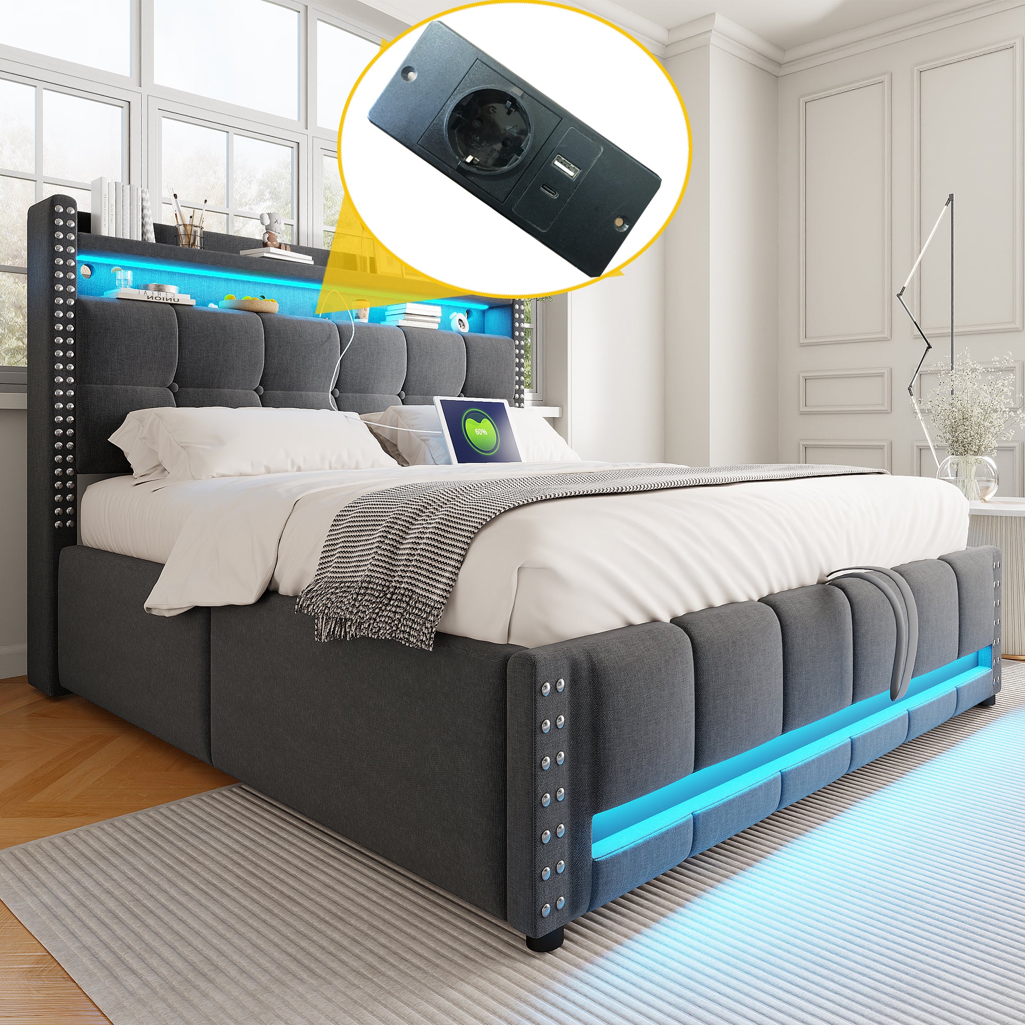Upholstered Bed 160*200cm, LED & USB, Hydraulic Storage, Linen Fabric Gray