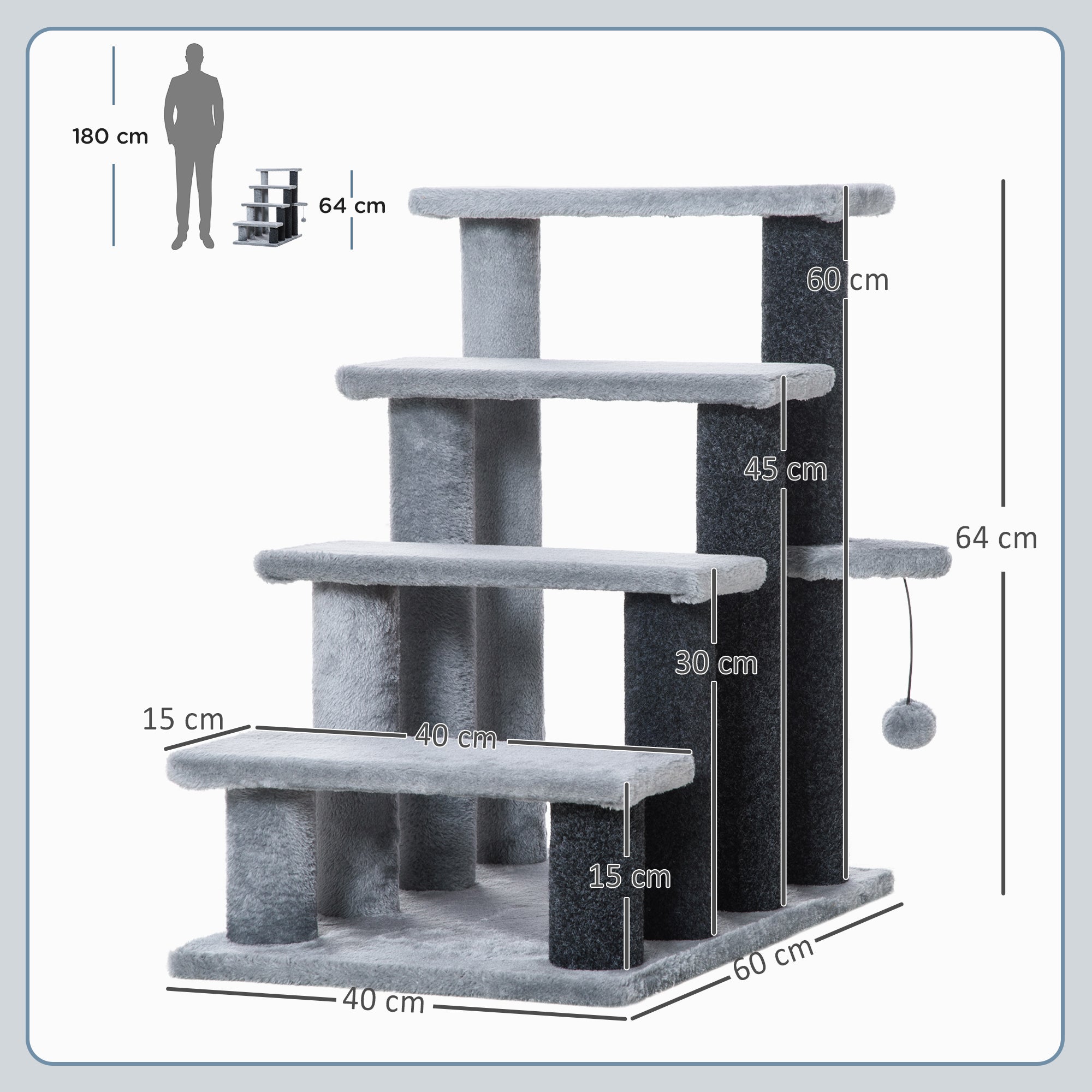 Cat Stairs, 64cm 4 Steps with Play Ball, Jute and Plush, Grey