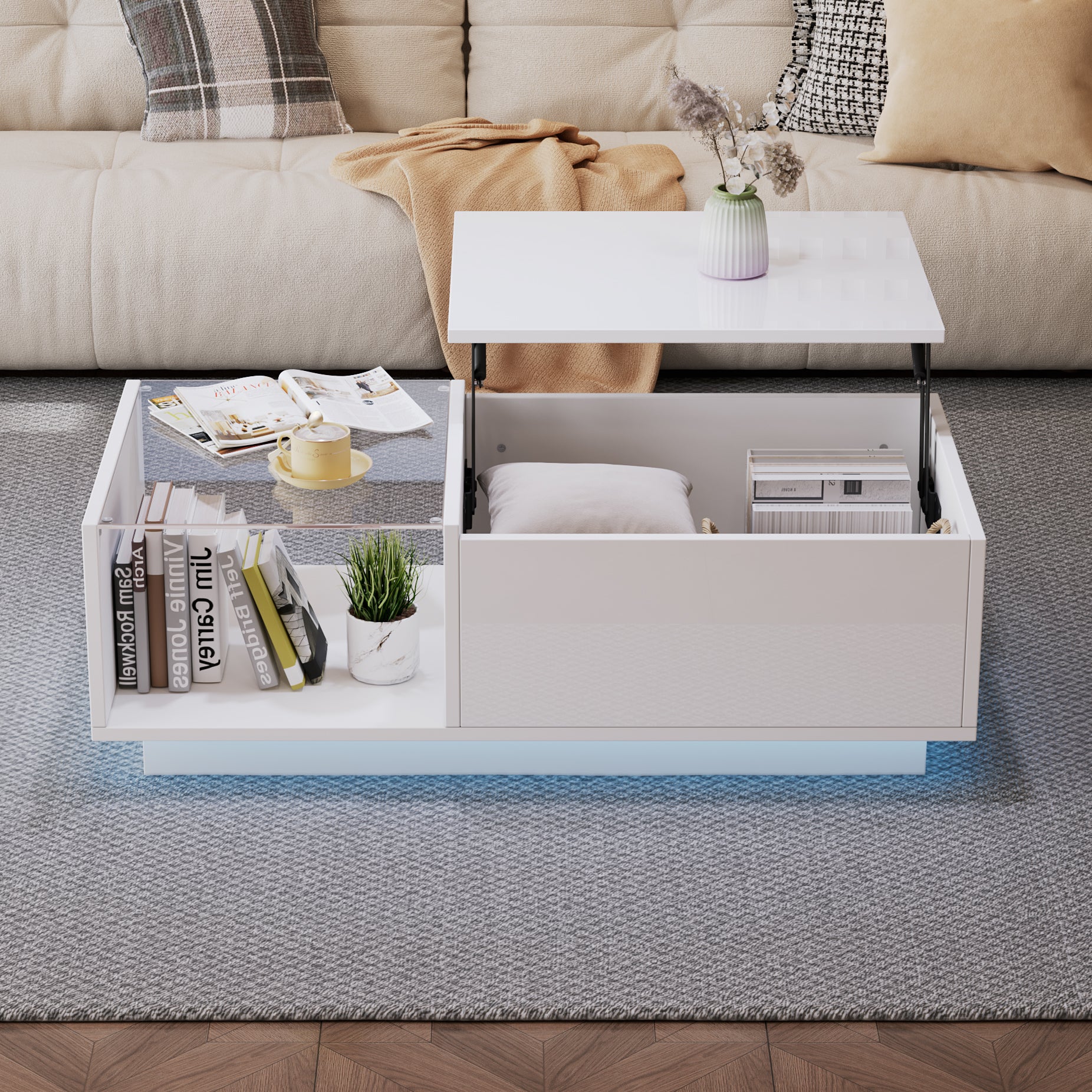 Lift Up Coffee Table Hidden Storage LED High Gloss, White MDF+Glass