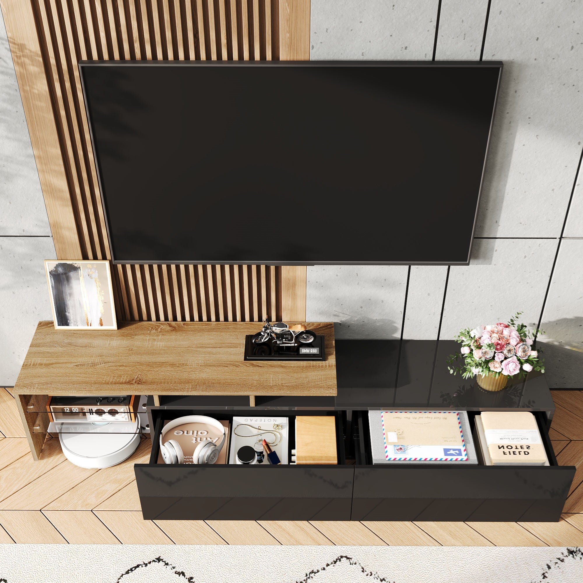 Modern TV Cabinet: Stylish, Elegant, Storage with Glass Shelves, LED Lighting, Black and Wood