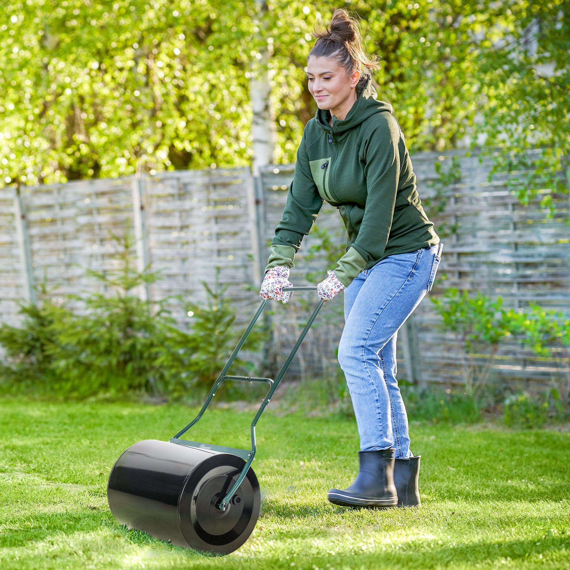 lawn roller with u-handle, 40 cm diameter, 60 L water/sand filling, metal black