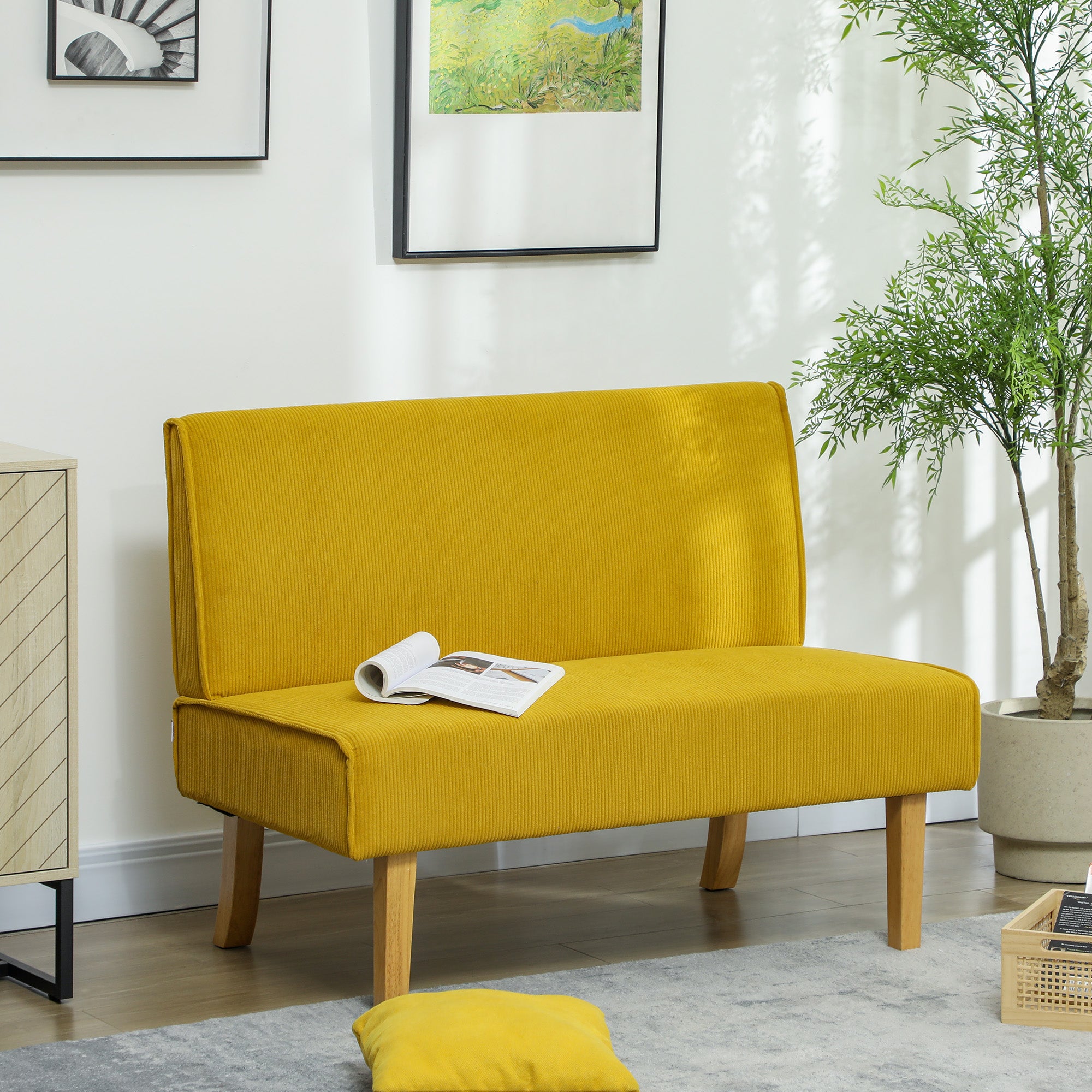 2-Seater Sofa Upholstered Corduroy Wooden Legs, Yellow