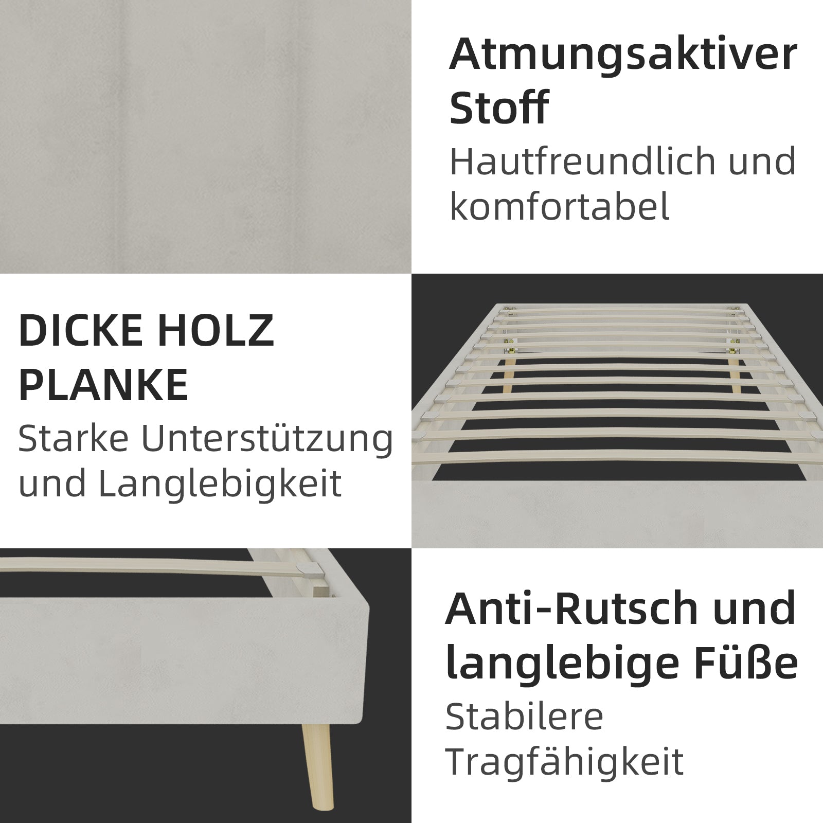 Modern Minimalist Bed Frame, 90x200 cm Low-Profile Base, Beige Dutch Velvet