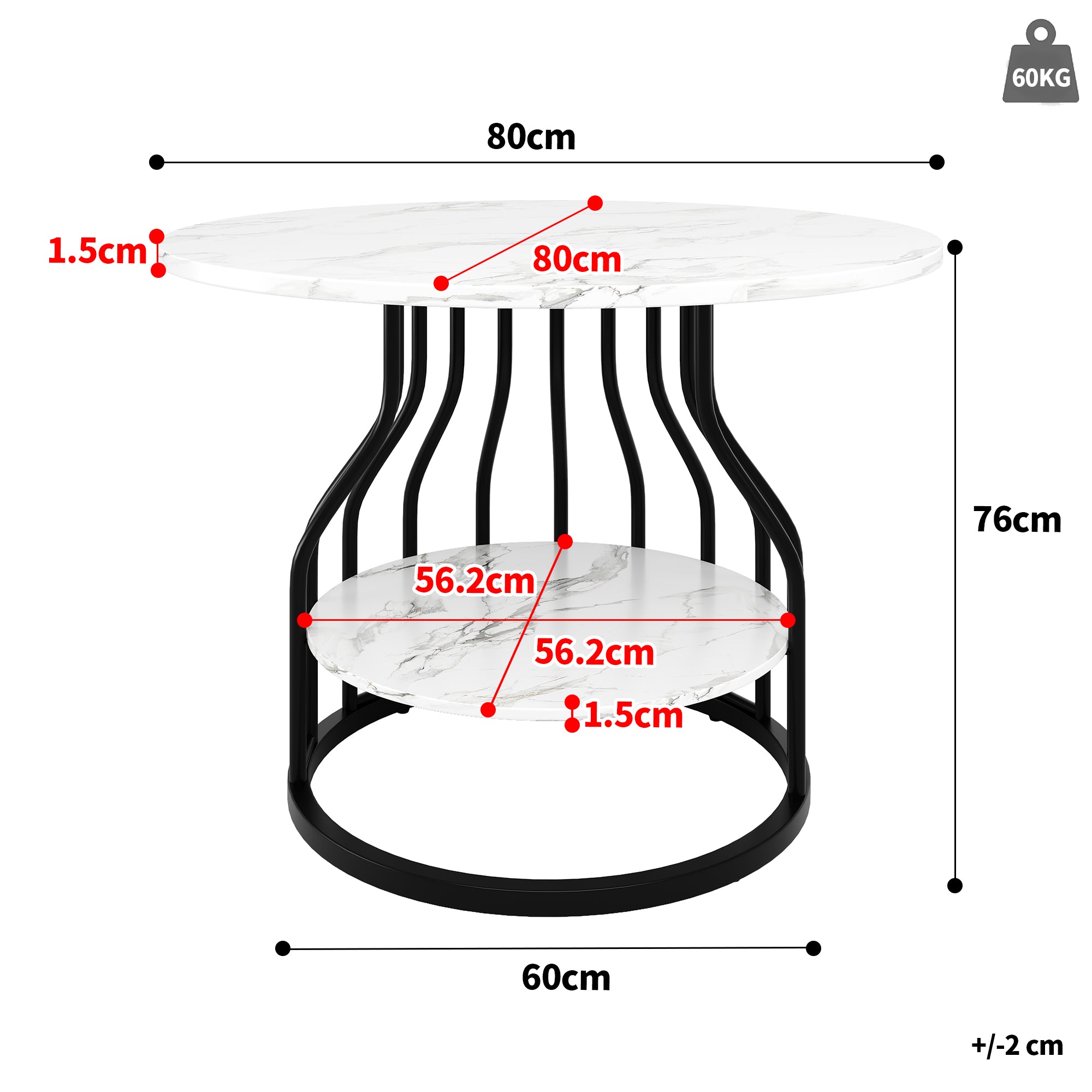 Round Dining Table, 4-Person Storage Shelf MDF Marble, Black