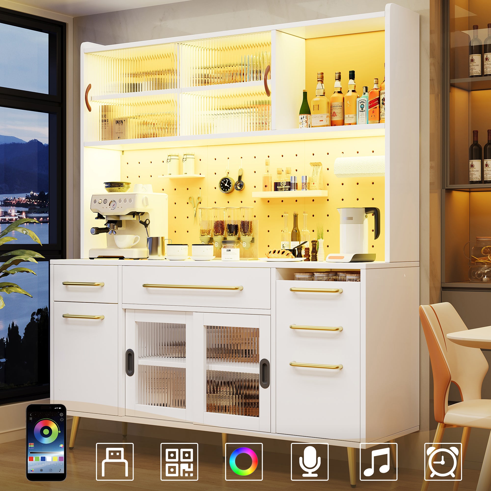 Modern Sideboard Storage Cabinet with LED Lighting and Pegboard, White