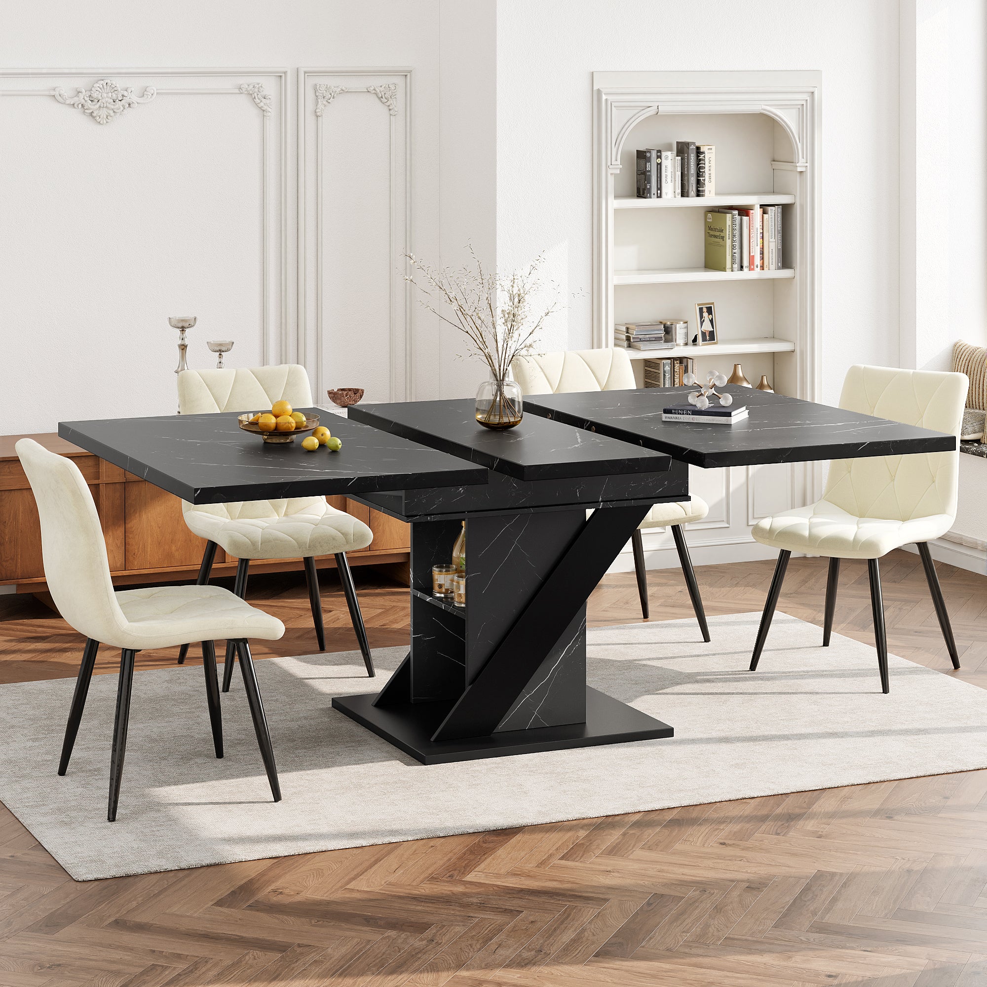 Telescopic Dining Table 110-140x80cm Extendable - Black Marble Look