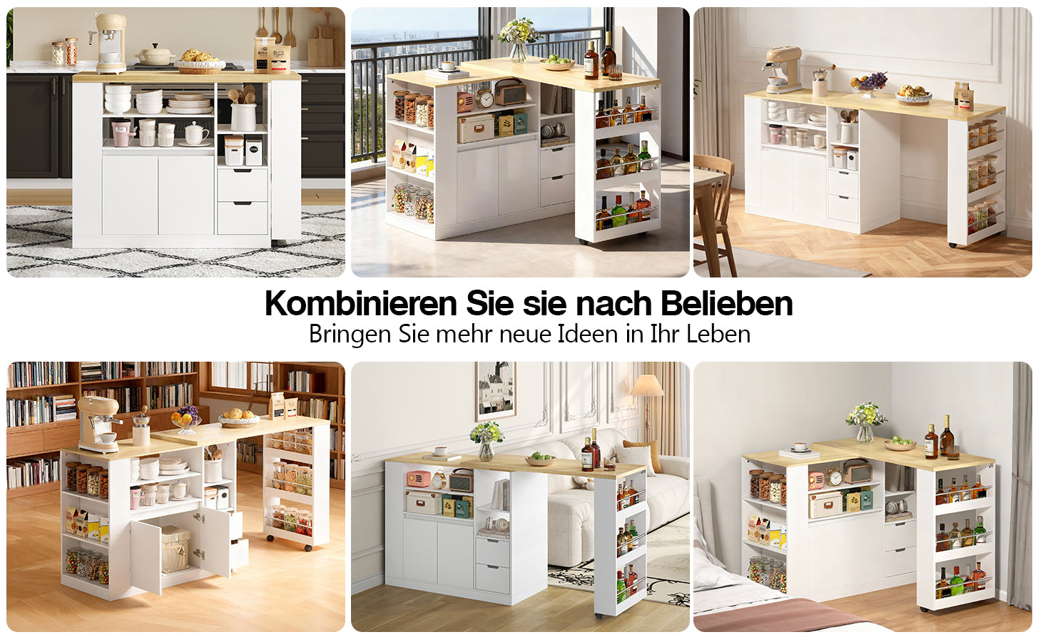 Kitchen Island with Extendable Worktop and Storage Shelves, Wood Look