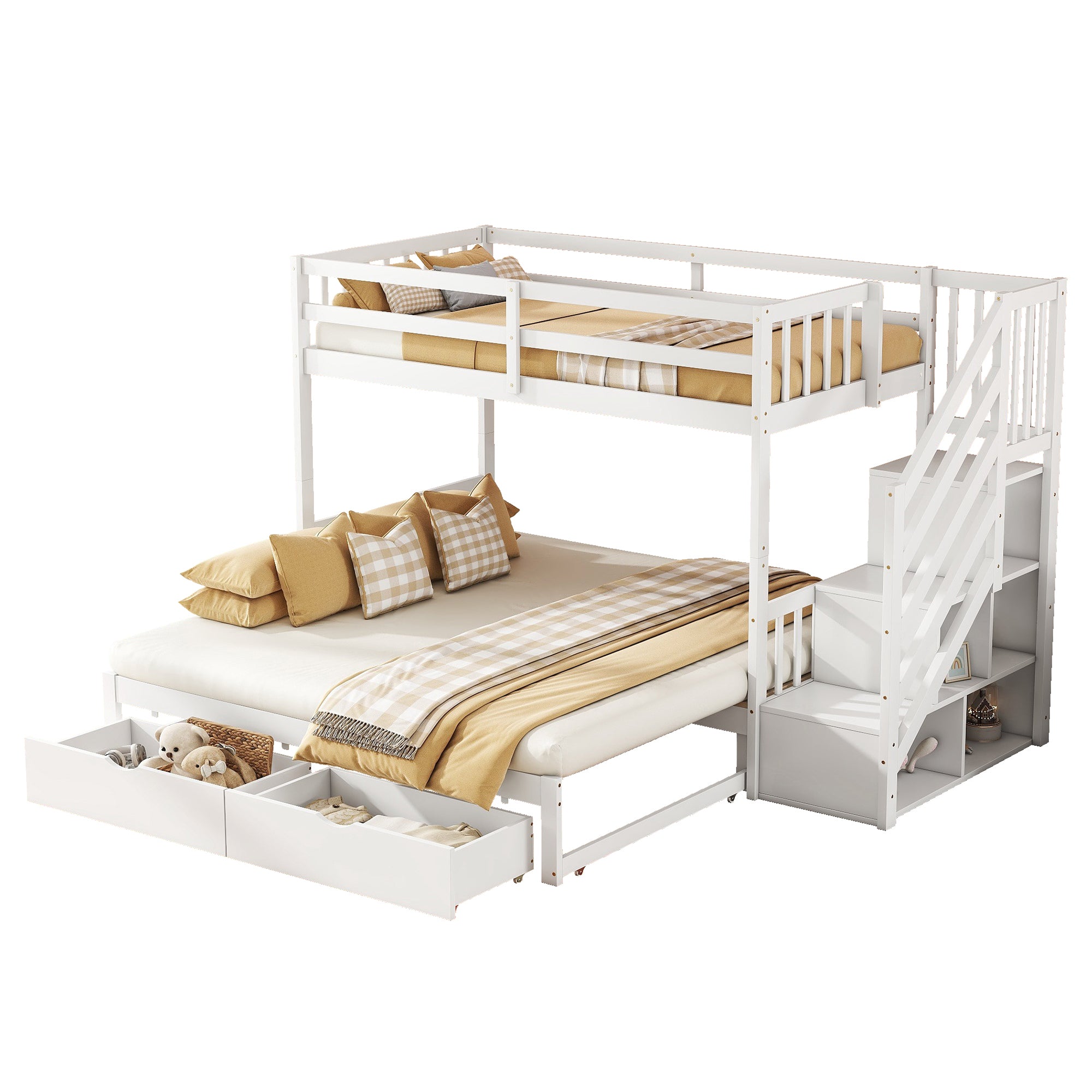 Bunk Bed 90x200cm, Pull-Out Bed, Stowable Steps, 2 Drawers, Pine Wood, White