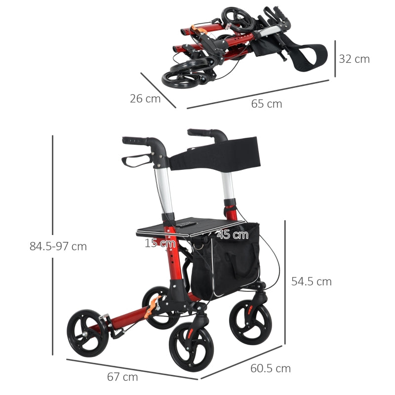 Folding Rollator Walker, Lightweight with Seat, Dual Brakes, Adjustable Height, Red