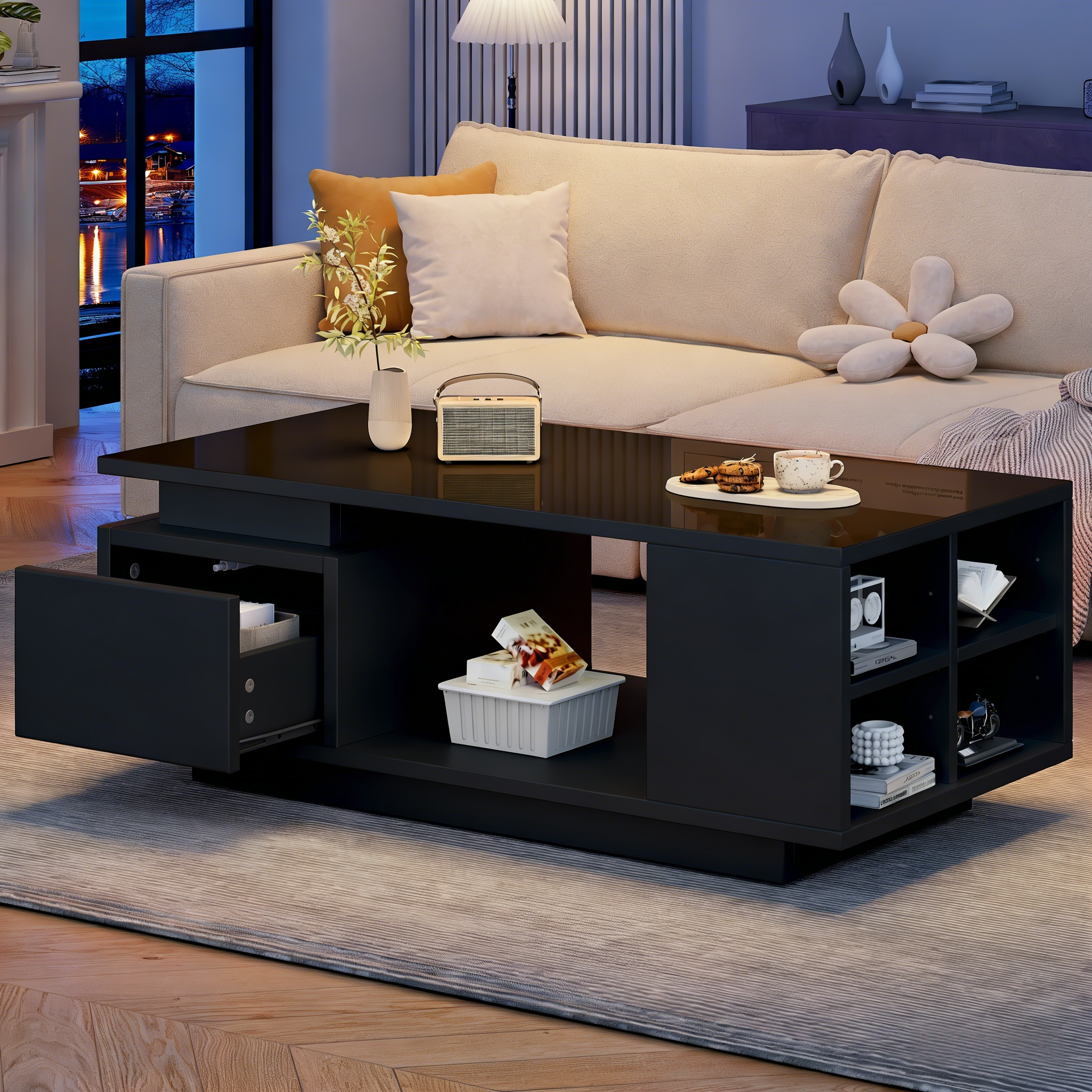 Coffee Table 100x50x36cm High-Gloss LED with Drawer Side Storage Black