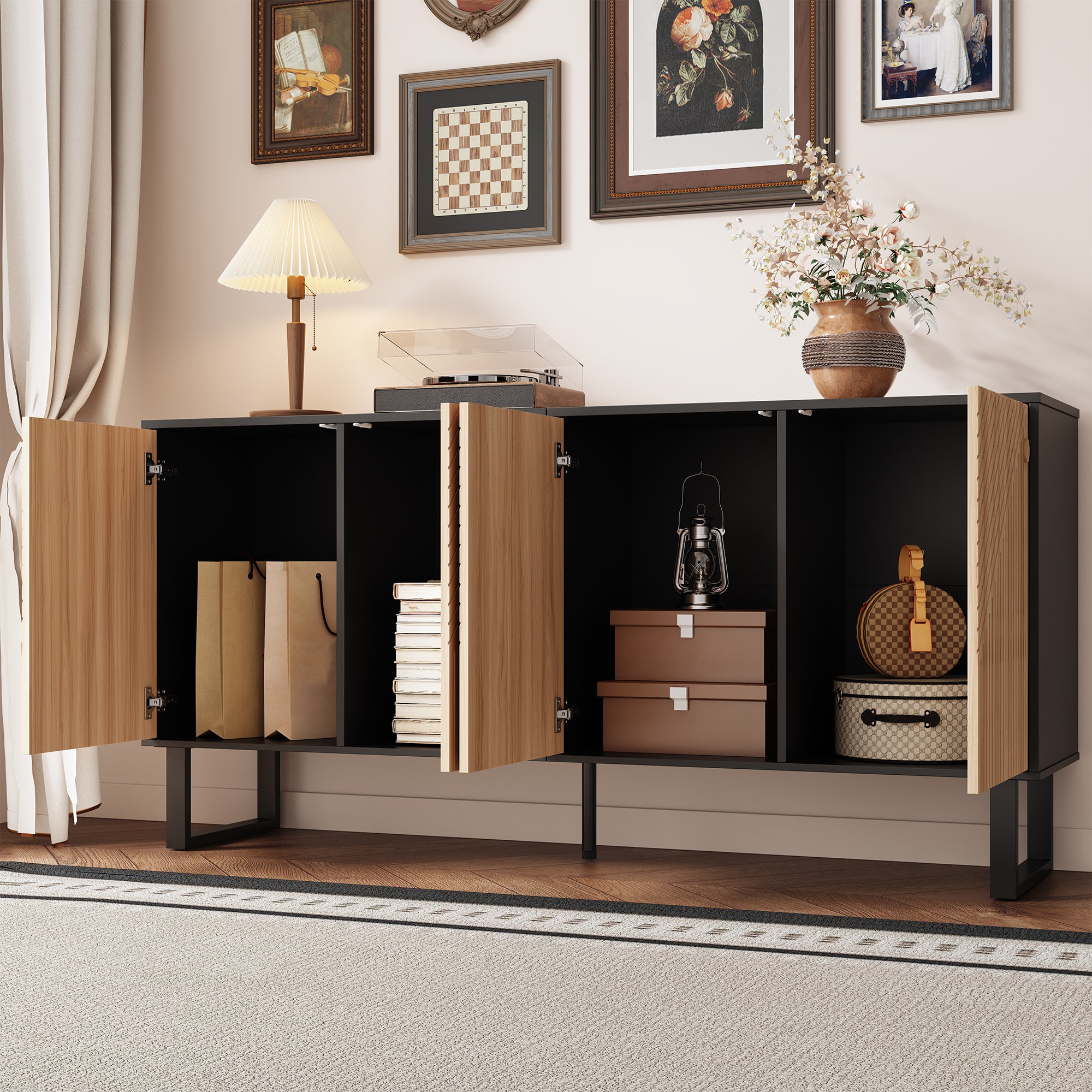 Sideboard, Minimalist with 3D Striped Front and Extra Large Storage, Black Wood Grain
