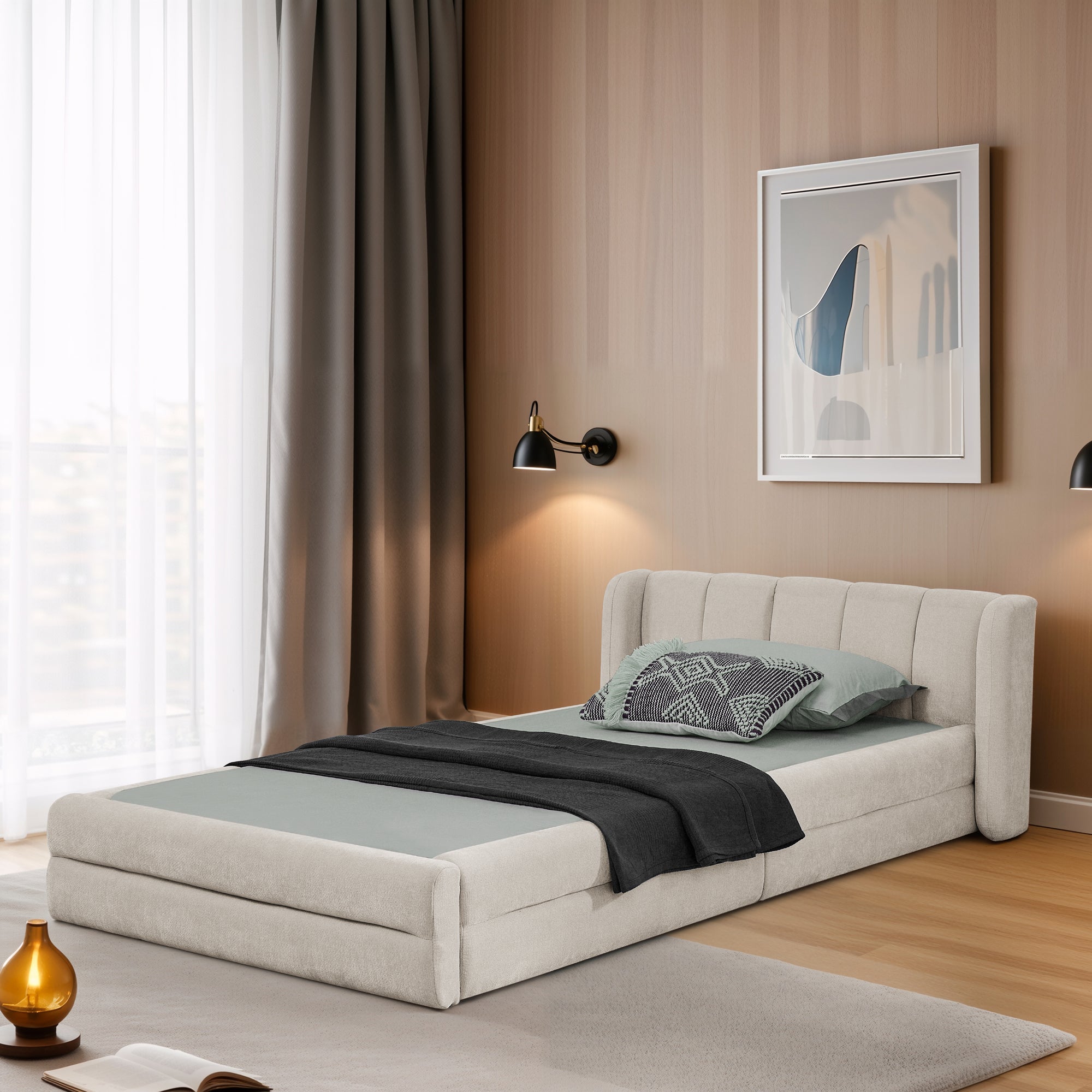 Single Bed 90x200cm Comfortable Headboard Chenille Beige