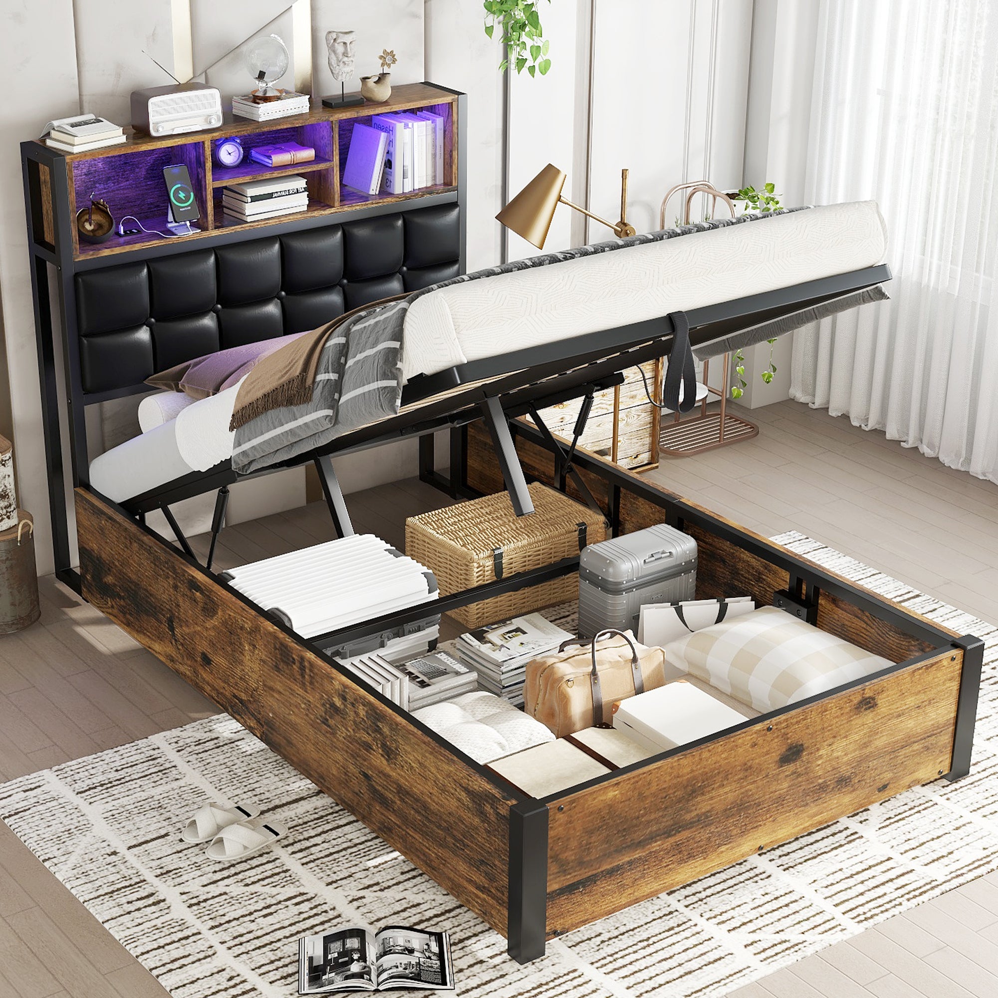 Hydraulic Metal Bed with Charging Port, LED Light, and Storage Headboard, Black + Wood