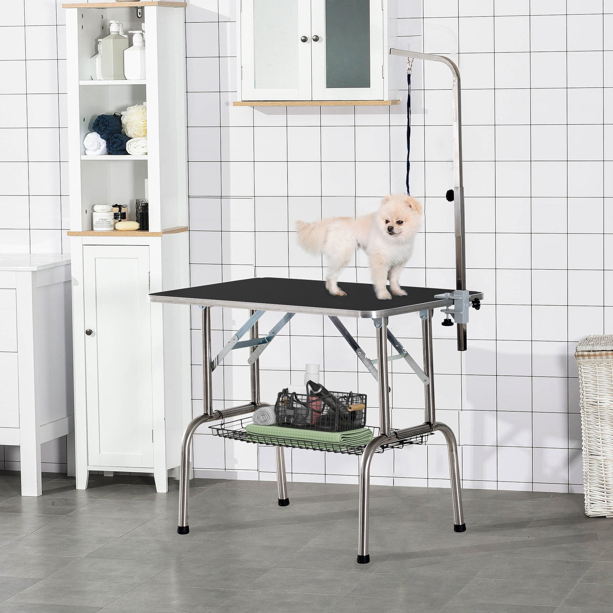 Grooming Table, Folding Height-Adjustable, Black Stainless Steel