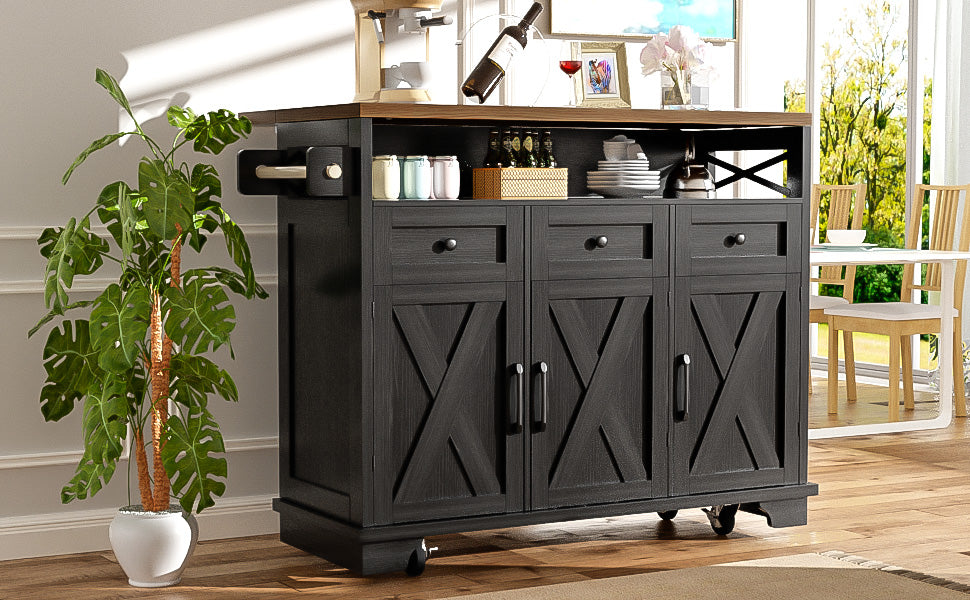 Kitchen Island Mobile Storage Cart with Dividers & Towel Rail - Wood Grain Black