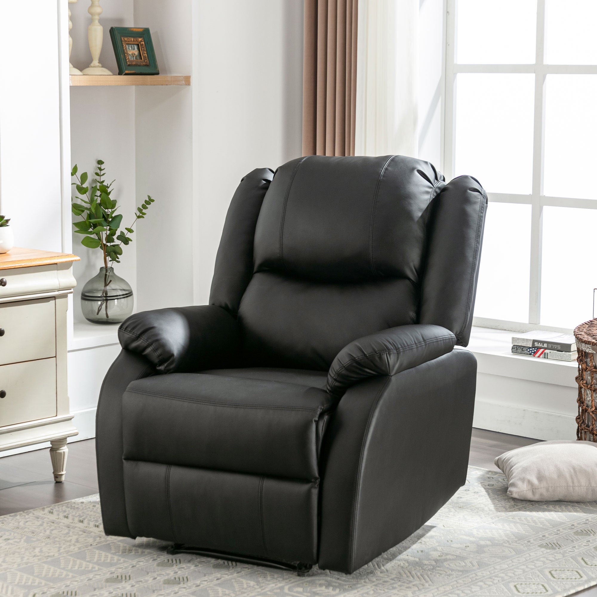 Recliner Chair, Adjustable Armchair with Side Pockets, PU Leather, Black